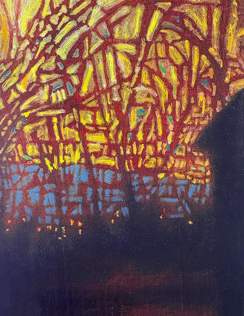 Stone Smokehouse at Rushmore Farm (Silhouette del fienile e alberi al tramonto) - Painting di Ricardo Mulero 