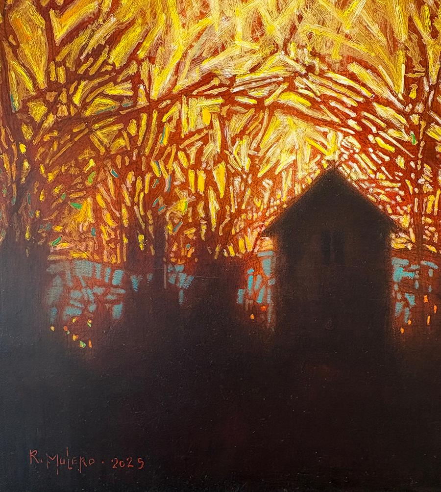 Stone Smokehouse at Rushmore Farm (Silhouette del fienile e alberi al tramonto) - Painting Contemporaneo di Ricardo Mulero 