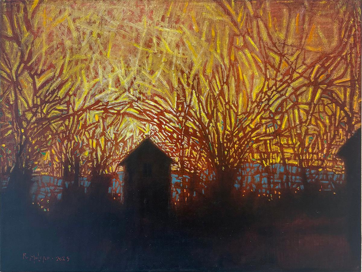 Landscape Painting di Ricardo Mulero  - Stone Smokehouse at Rushmore Farm (Silhouette del fienile e alberi al tramonto)