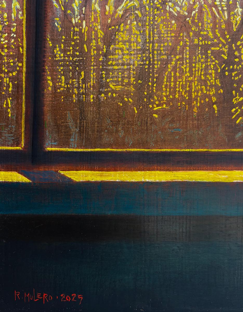 Winter Afternoon at the Studio (Abstract Interior with Sunlit Landscape View) - Black Abstract Painting by Ricardo Mulero 