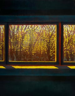 Winternachmittag im Studio (Blauschwarzes Fenster mit silhouettierten Bäumen)