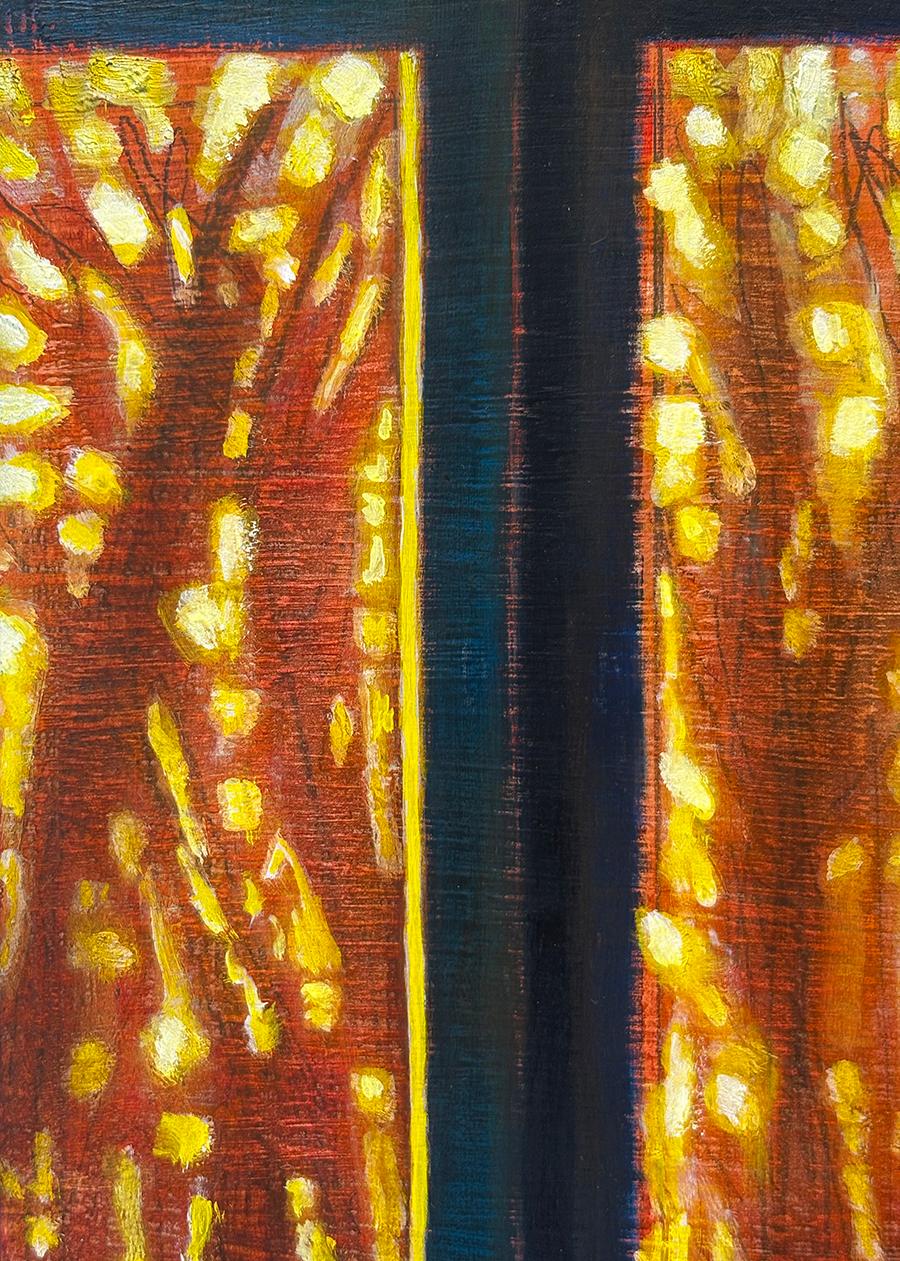 Tarde de invierno en el estudio (Ventana azul y negra enmarcando árboles silueteados) - Painting de Ricardo Mulero 