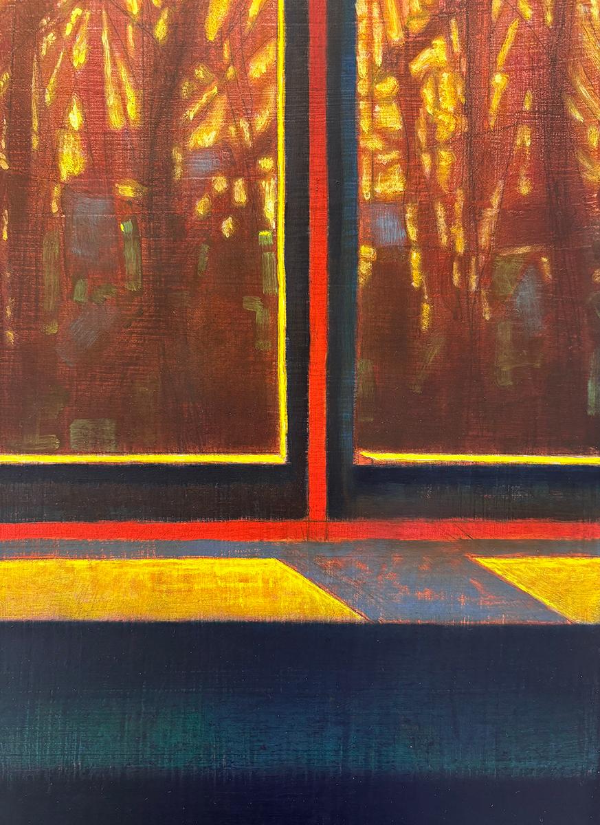 Tarde de invierno en el estudio (Ventana azul y negra enmarcando árboles silueteados) - Painting Contemporáneo de Ricardo Mulero 