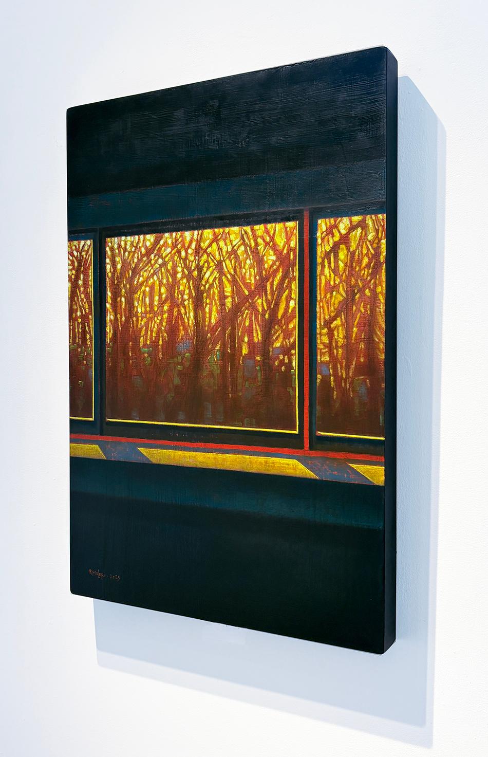 Tarde de invierno en el estudio (Ventana azul y negra enmarcando árboles silueteados) - Abstract Painting Negro de Ricardo Mulero 