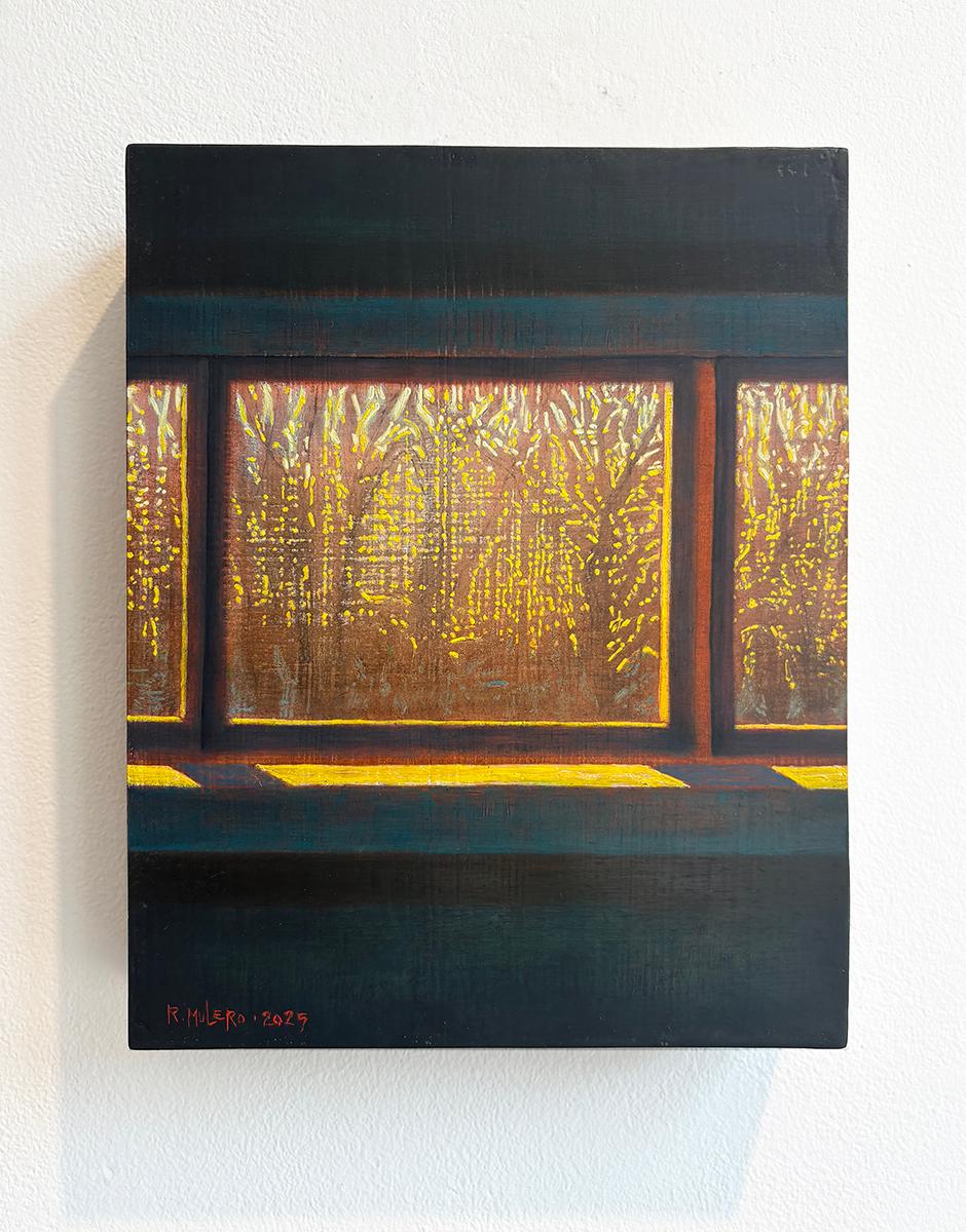 Tarde de invierno en el estudio (Ventana azul y negra enmarcando árboles silueteados) en venta 1