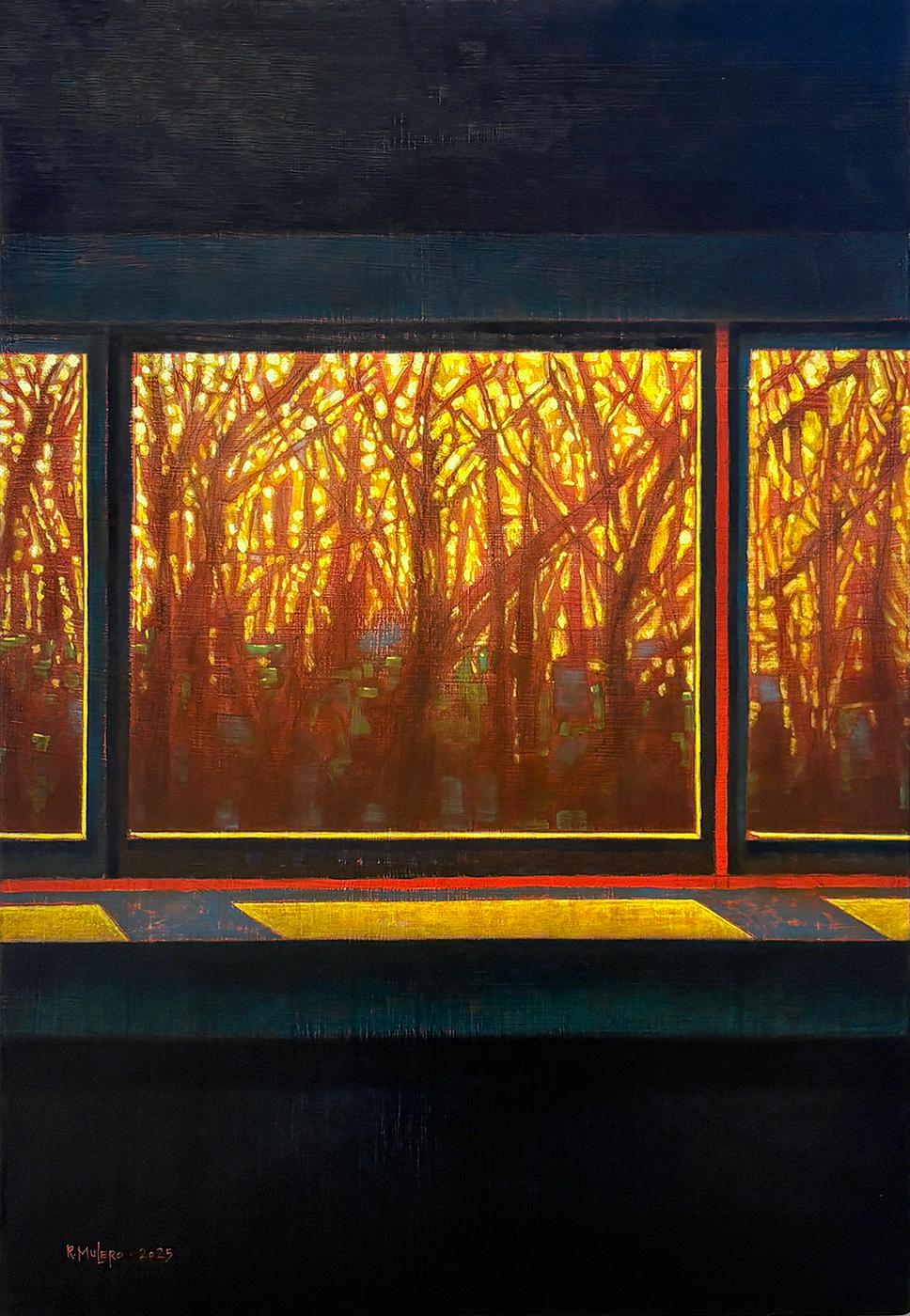 Abstract Painting de Ricardo Mulero  - Tarde de invierno en el estudio (Ventana azul y negra enmarcando árboles silueteados)