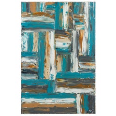 Ricardo Rumi Abstract Oil Painting, "Blue, White, Ochre & Grey Grid" (2011)