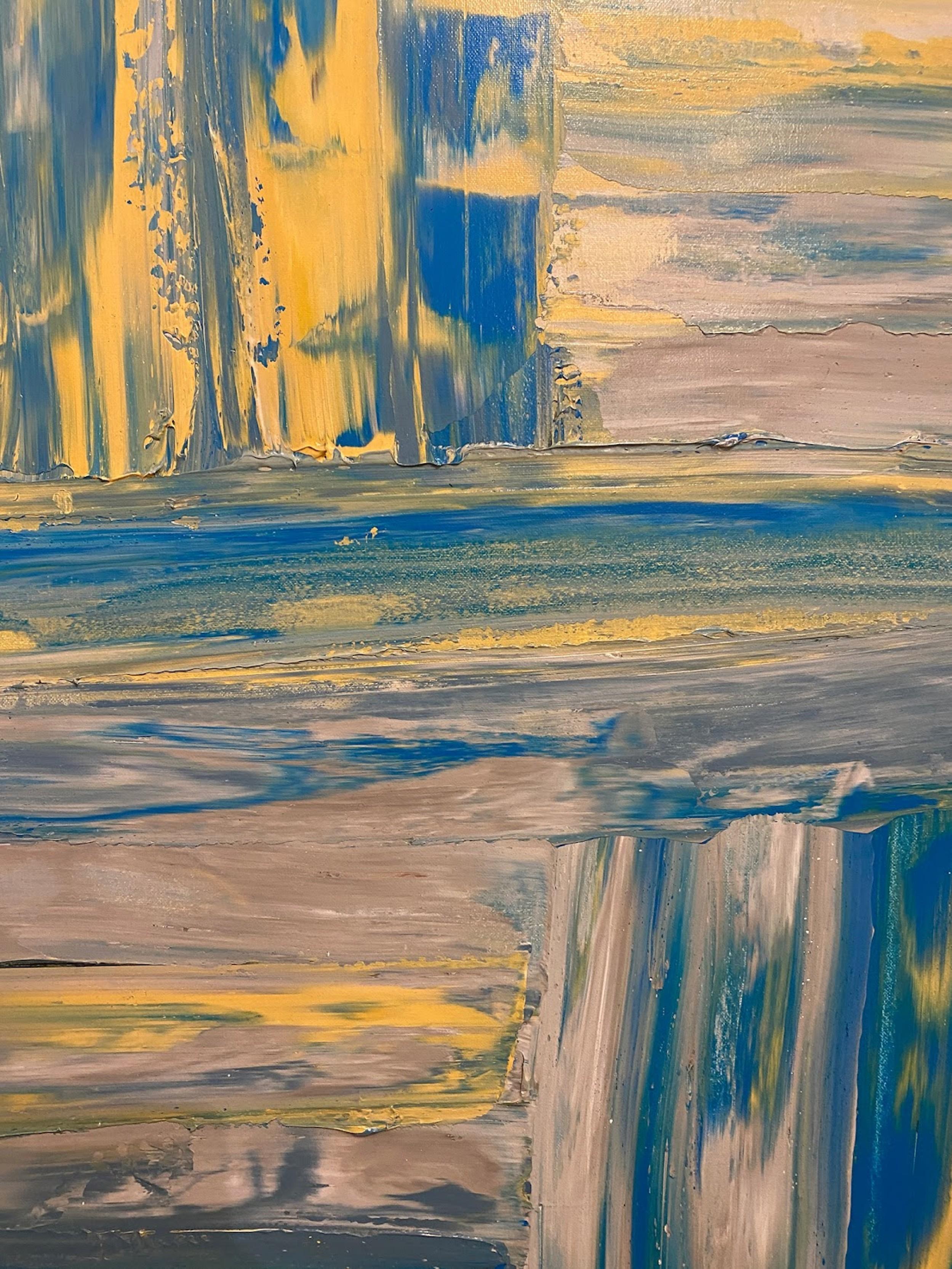 Contemporary abstract oil on canvas painting depicting horizontal and vertical broad brushstrokes in blues and yellows in a gold leaf frame (RICARDO RUMI)