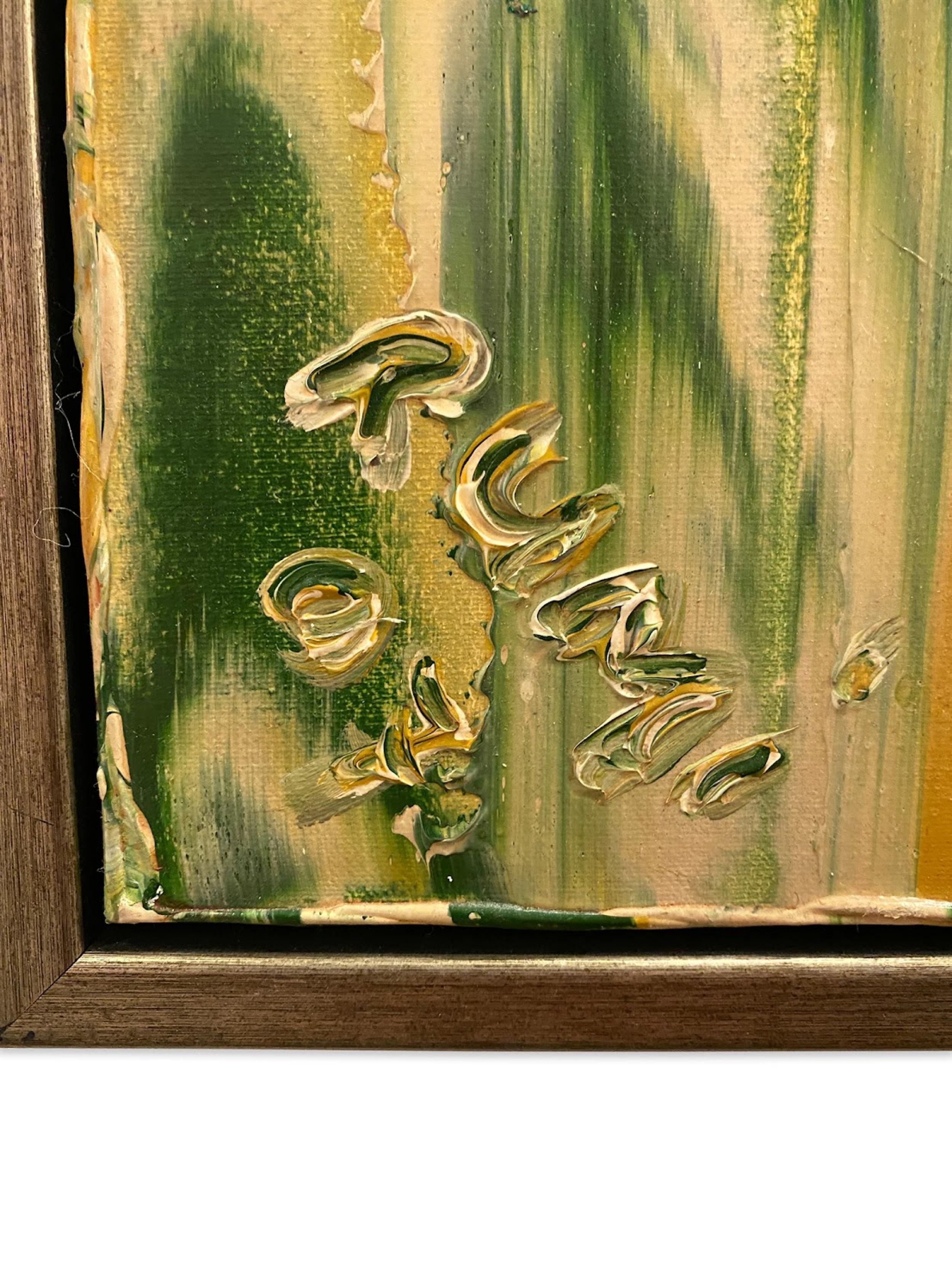 Quadro astratto contemporaneo a olio su tela con pennellate larghe orizzontali e verticali nei colori verde, umbero e giallo in una cornice in foglia d'oro (firmato: RICARDO Rumi)