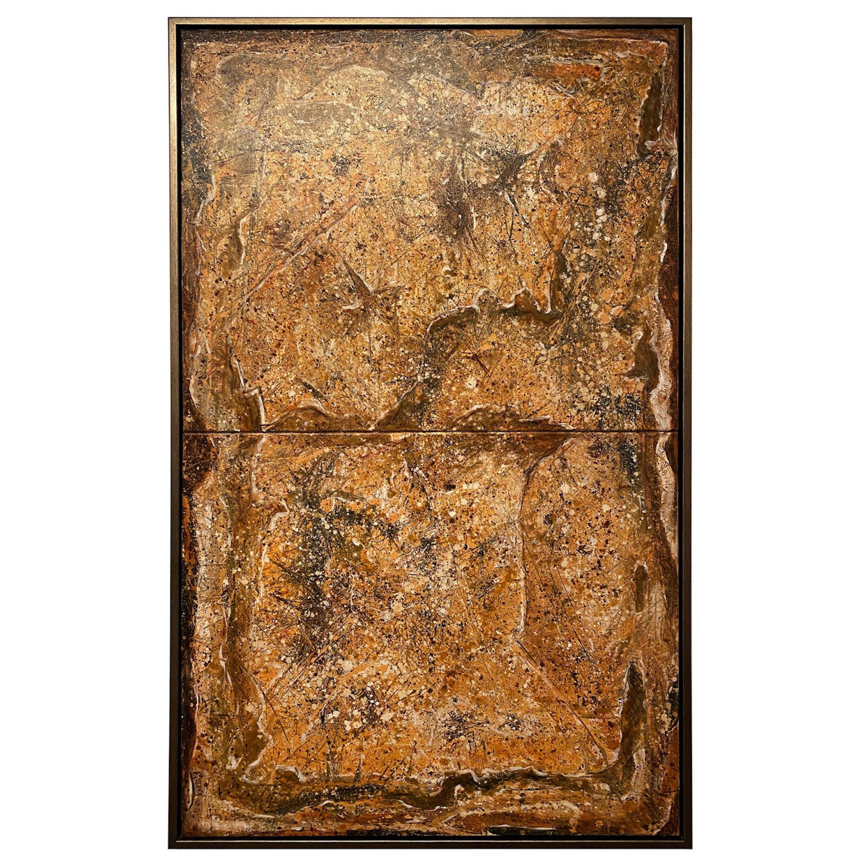 Ricardo Rumi Amerikanisches gerahmtes abstraktes Ölgemälde auf Leinwand, Ölgemälde, Titel: „Fossil Diptychon“