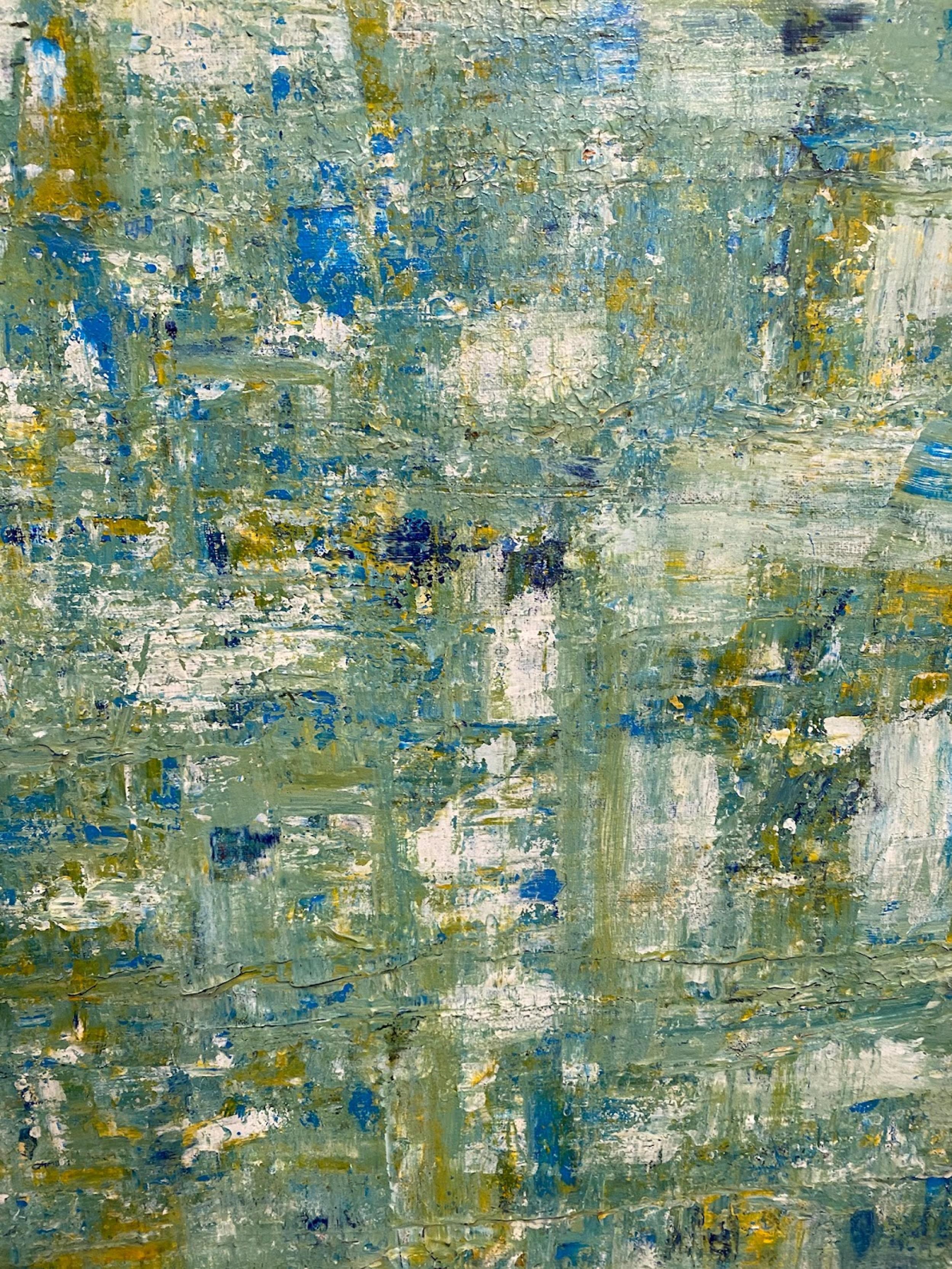 Quadro astratto contemporaneo a olio su tela dell'artista nordamericano Ricardo Rumi, raffigurante pennellate larghe orizzontali e verticali in verde, blu e giallo in una cornice in foglia d'argento (RICARDO RUMI)