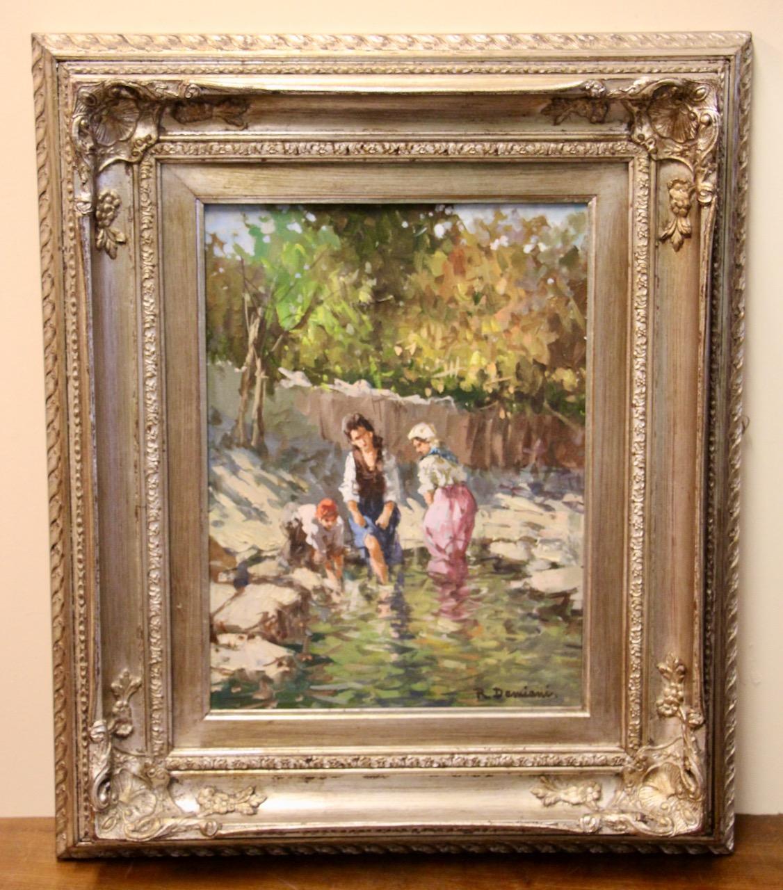 Figure presso un ruscello di Riccardo Damiani, Italia - Olio su tela in vendita 1