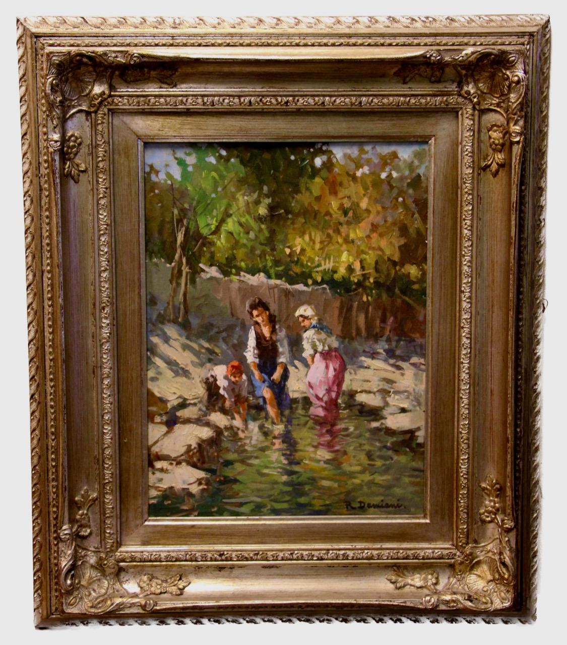 Figure presso un ruscello di Riccardo Damiani, Italia - Olio su tela in vendita 2