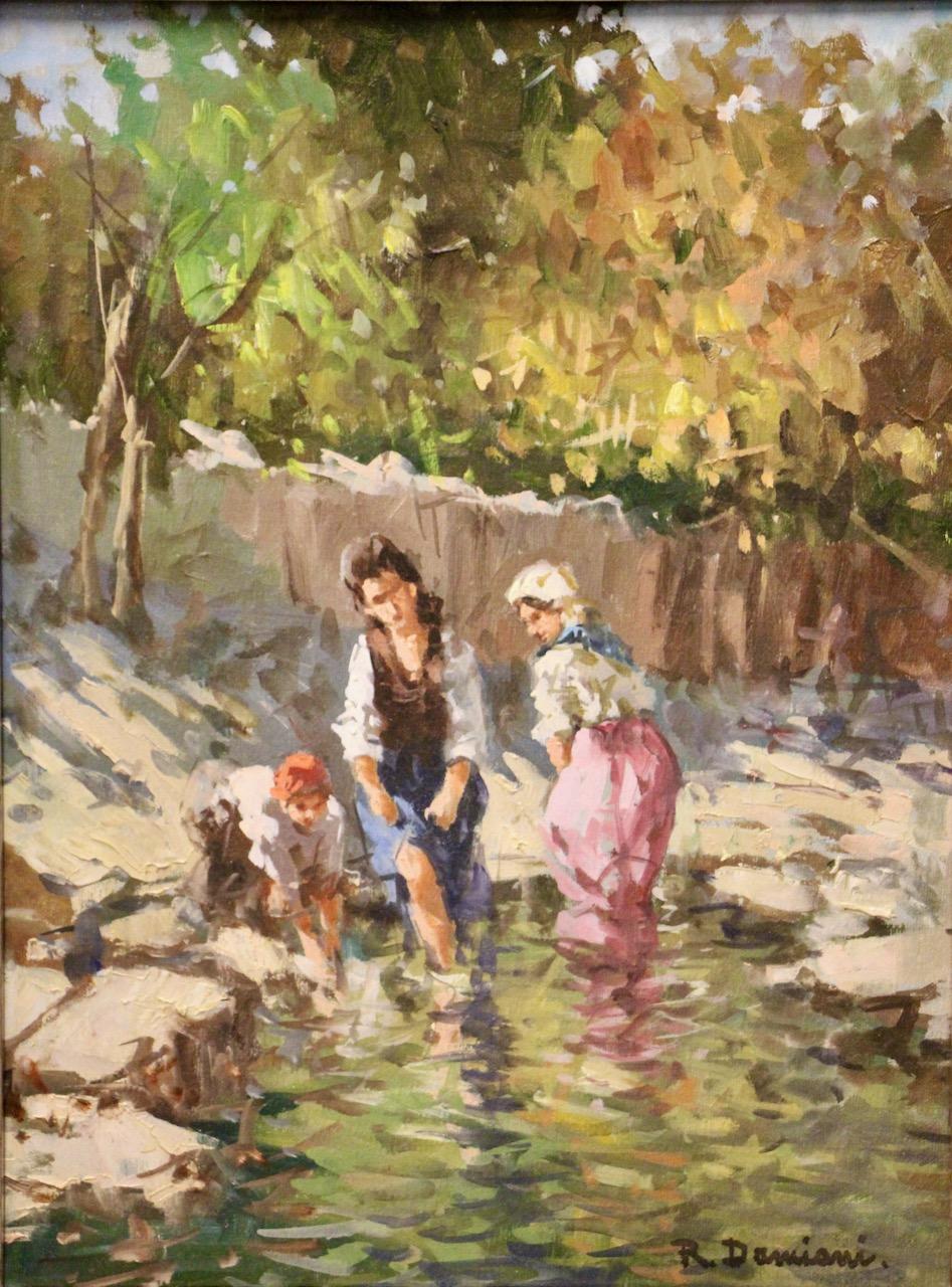 Figure presso un ruscello di Riccardo Damiani, Italia - Olio su tela in vendita 3