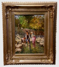 Women by a Stream by Riccardo Damiani, Italian - Oil on Canvas