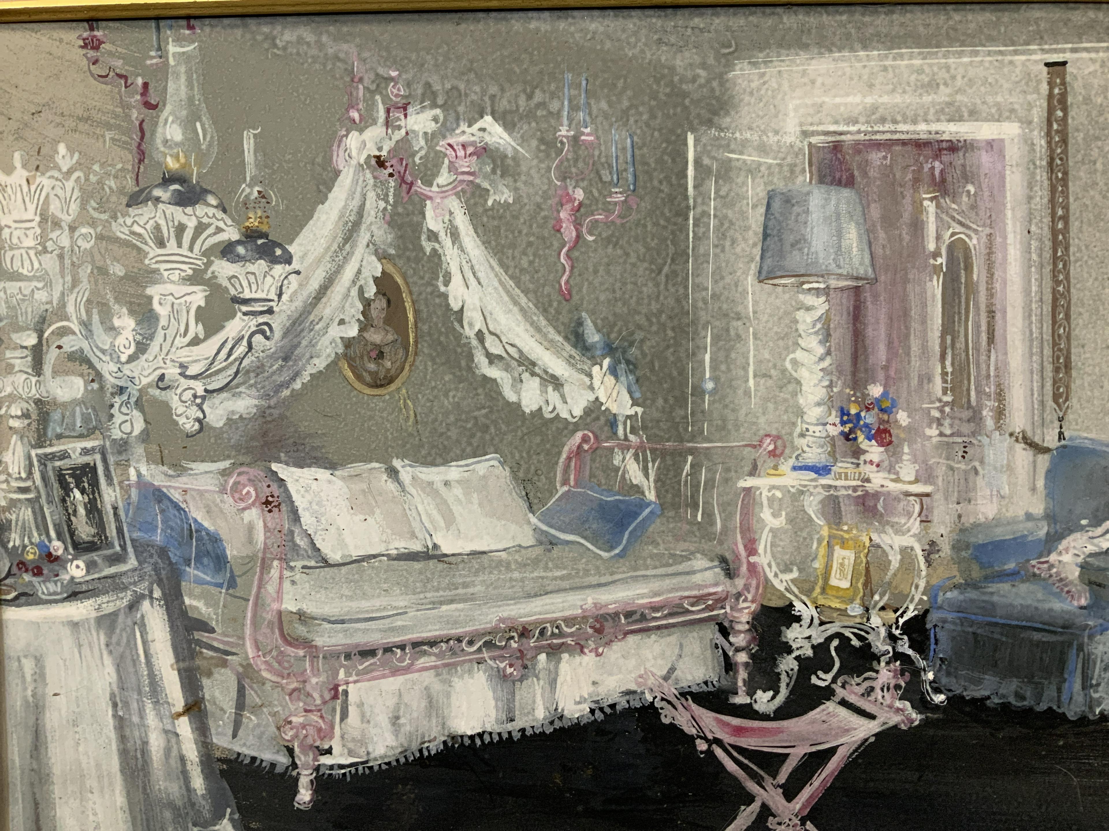 Riccardo Magni signed gouache on paper, a beautifully illustrated pastel of an interior with furniture from the 40's done in the way only the very high end made illustrations a work of art. The painting measures 18 1/2 x 22 1/2 inches, wooden frame