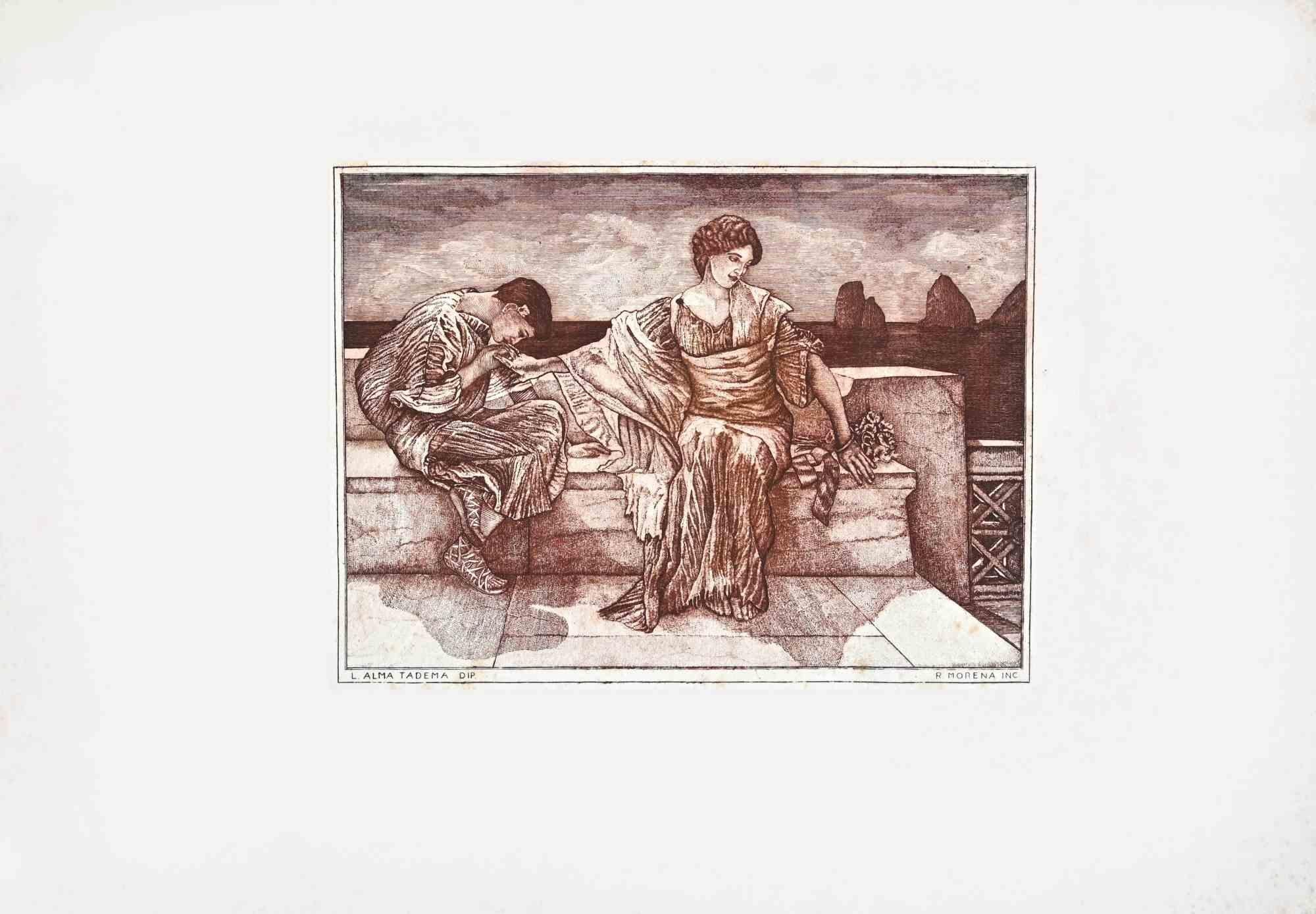 The Kiss is an original etching, realized by Riccardo Morena after Lawrence Alma-Tadema in the 20th Century.

The status of preservation Good.

The artwork is depicted skillfully through confident and strong lines with a harmonious composition.