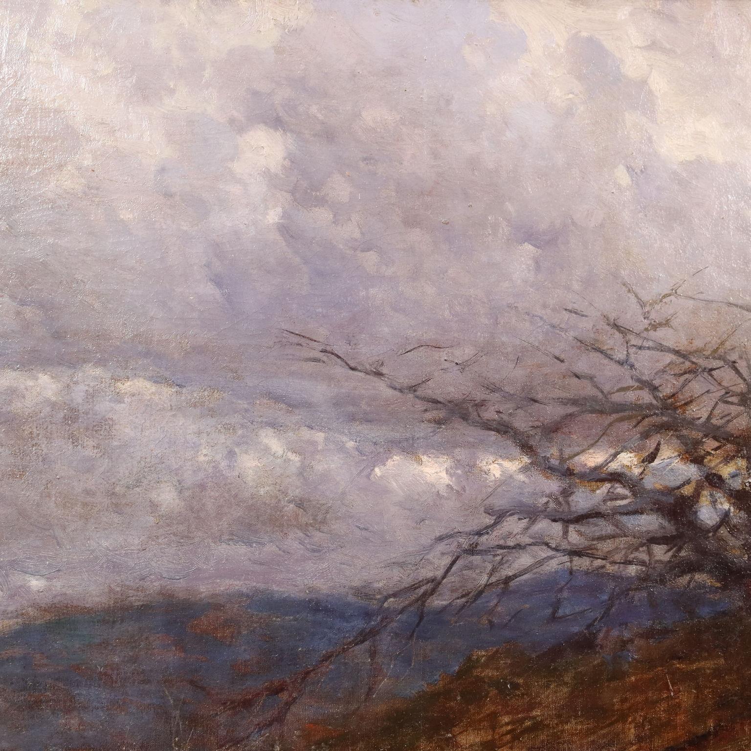 Glimpse of Mandello Lario, 1909 - Brown Landscape Painting by Riccardo Pellegrini