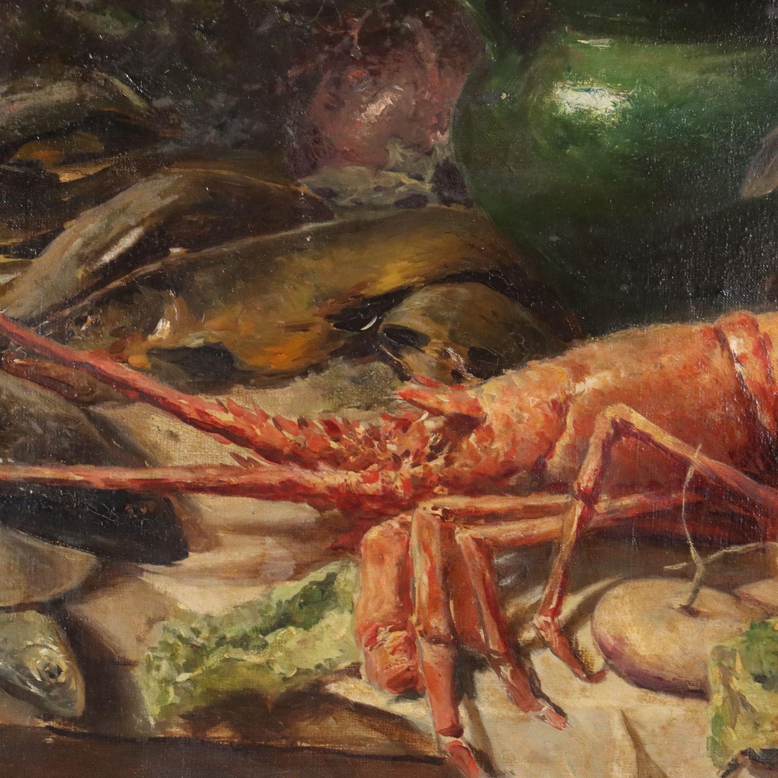 Bodegón con pescado langosta y verduras, 1903 - Painting Otro estilo de arte de Riccardo Pellegrini