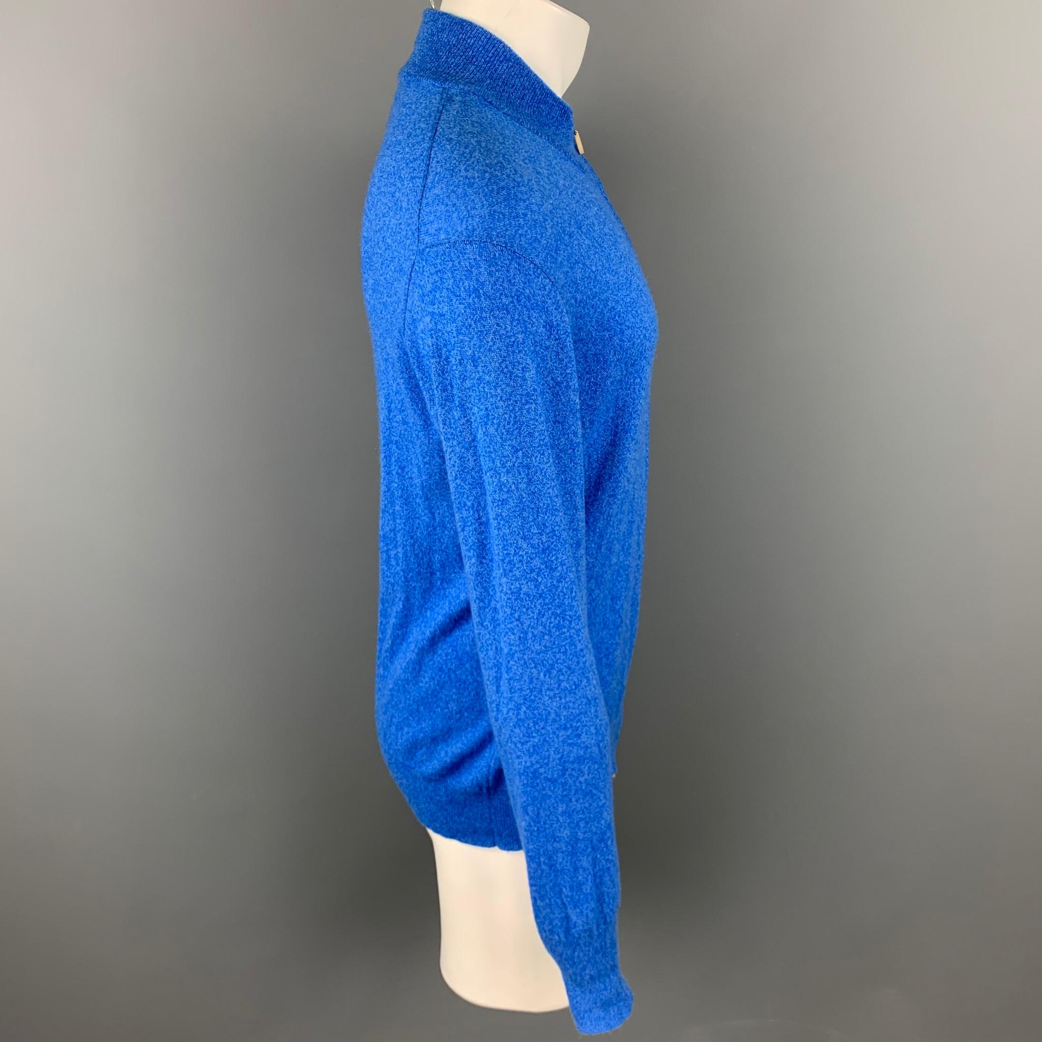 RICCARDO PIACENZA pullover comes in a blue heather cashmere featuring a high collar and a zip up closure. Made in Italy.

Very Good Pre-Owned Condition.
Marked: IT 50

Measurements:
 
Shoulder: 18 in. 
Chest: 40 in. 
Sleeve: 30 in. 
Length: 27 in. 