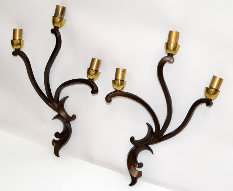 20th Century Riccardo Scarpa Bronze Sconces & Shades, Wall Lights Art Deco Italy 1950, Pair For Sale