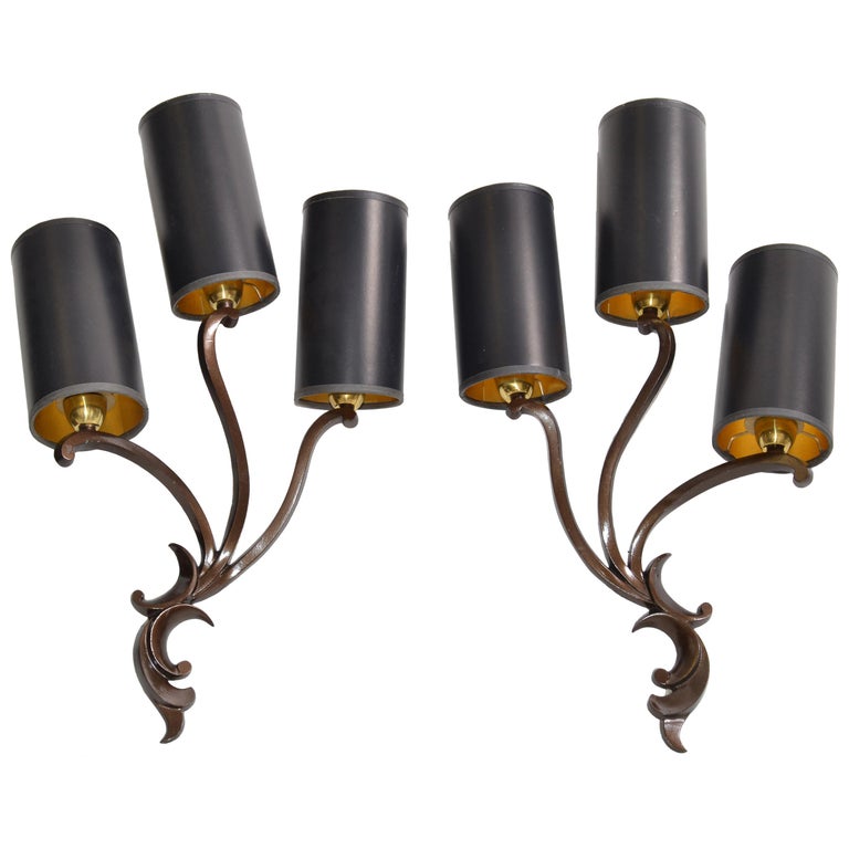 Riccardo Scarpa Bronze Sconces & Shades, Wall Lights Art Deco Italy 1950, Pair For Sale