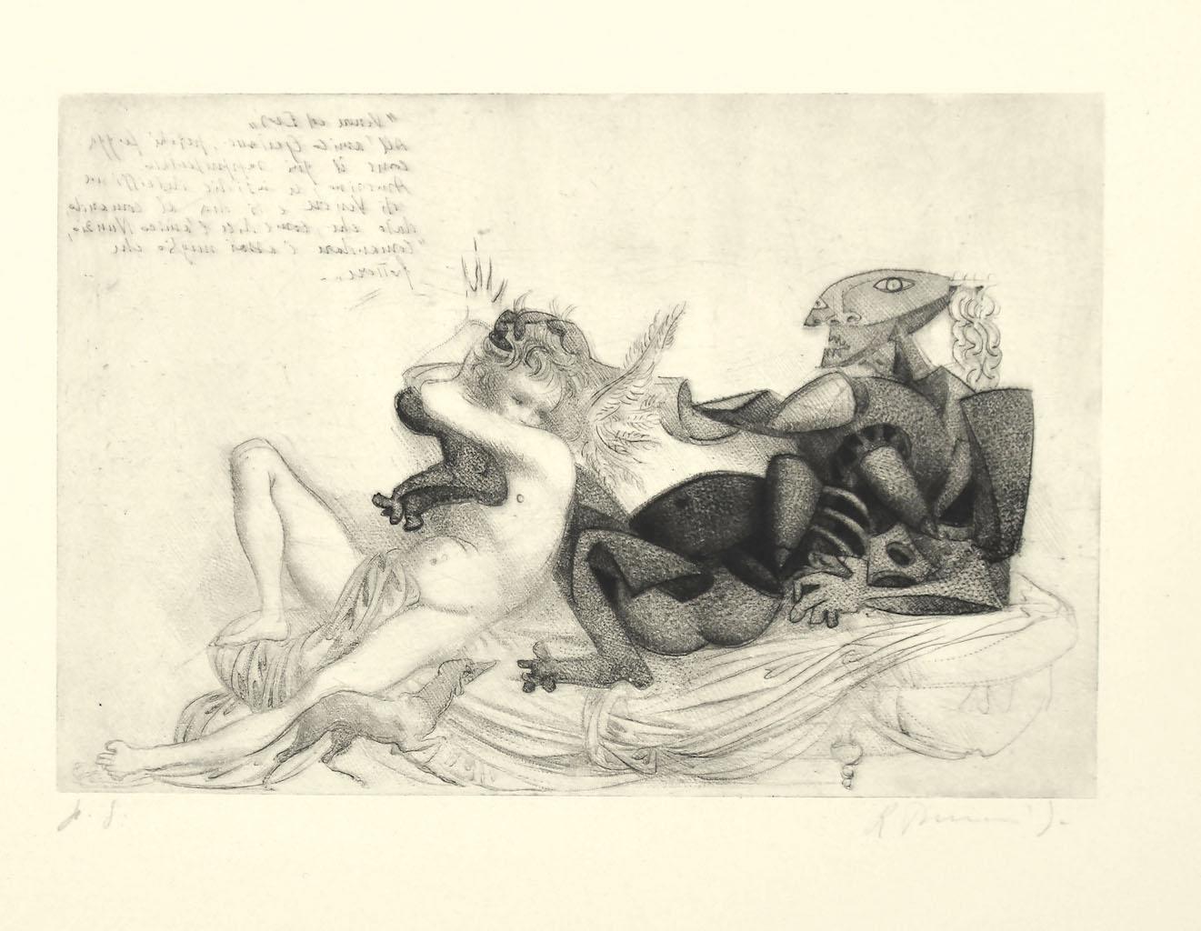 Courtship is an original etching artwork realized by the Italian artist Riccardo Tommasi Ferroni (1934-2000).

Hand-signed in pencil on the lower right margin. Image Dimensions: 17.5 x26 cm

The state of preservation is very good.

Tommasi Ferroni's
