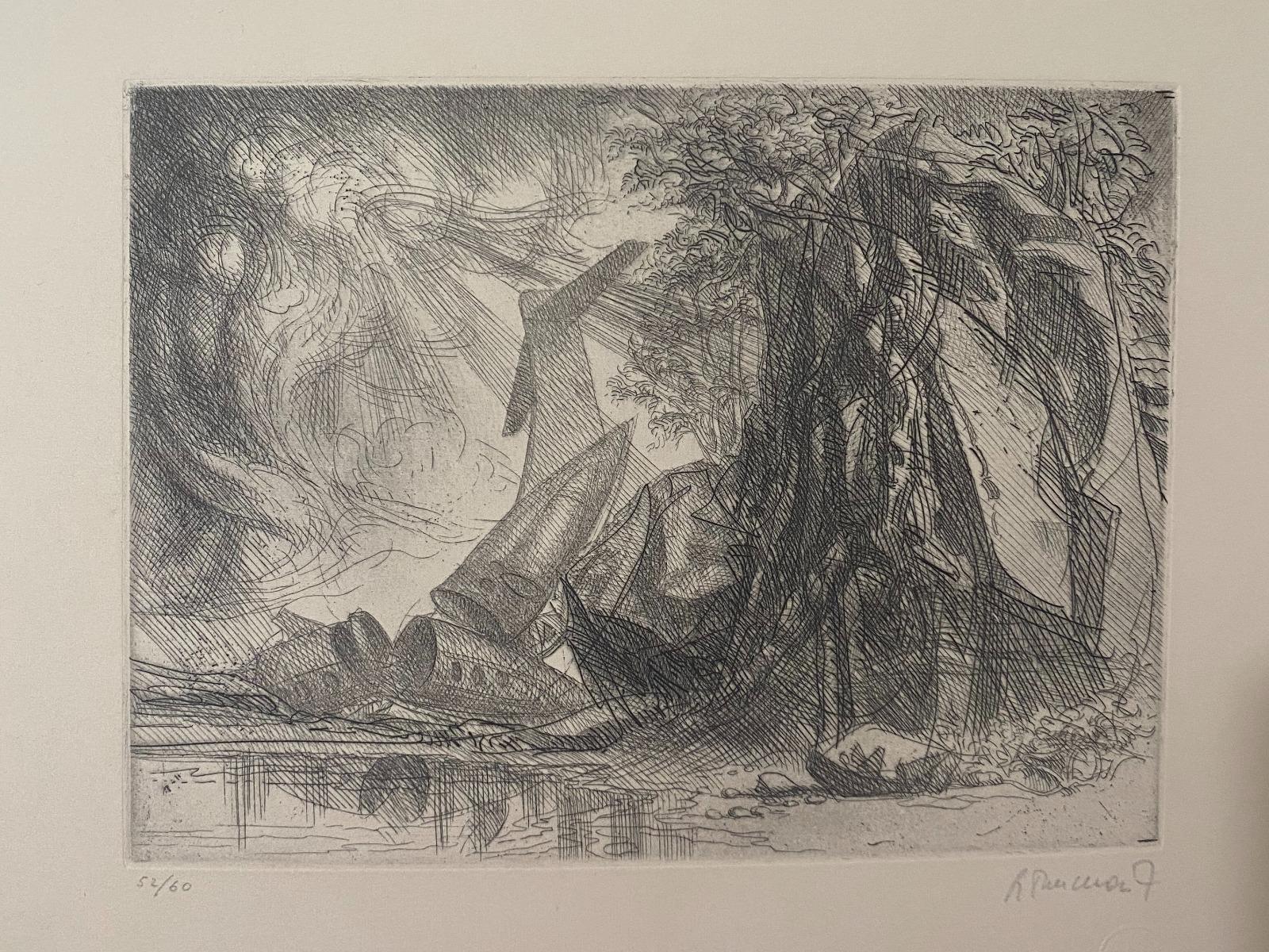 Crash D'Avion is an etching technique on paper, realized by Riccardo Tommasi Ferroni.

In excellent conditions: as good as new.

Hand-signed, on the lower right. Numbered, 52/60 of prints, n the lower left.

Image Container: 35.5 x 50 cm
Image