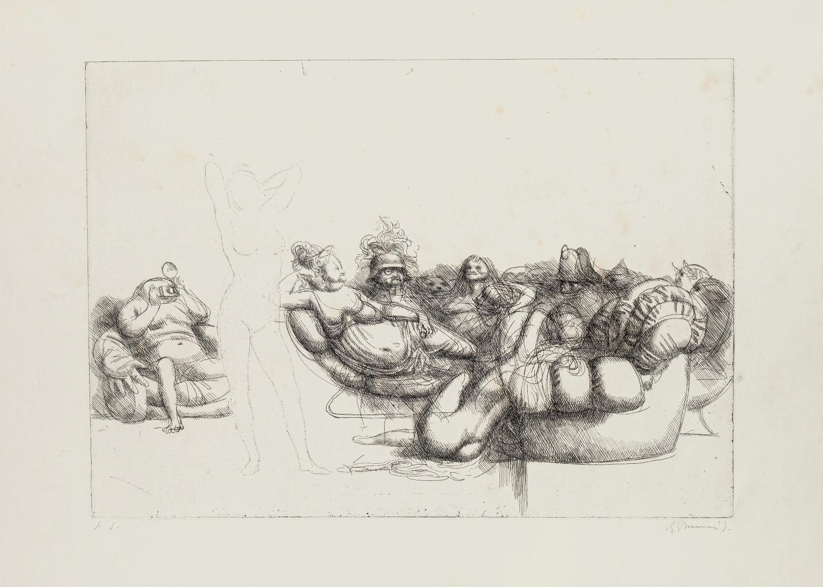 Figure is an original etching realized by the Italian artist Riccardo Tommasi Ferroni (1934-2000).

Hand-signed in pencil  lower right. Image Dimensions: 35 x 49 cm

Good condition, light foxing.

Tommasi Ferroni's style is recognizable in the fluid