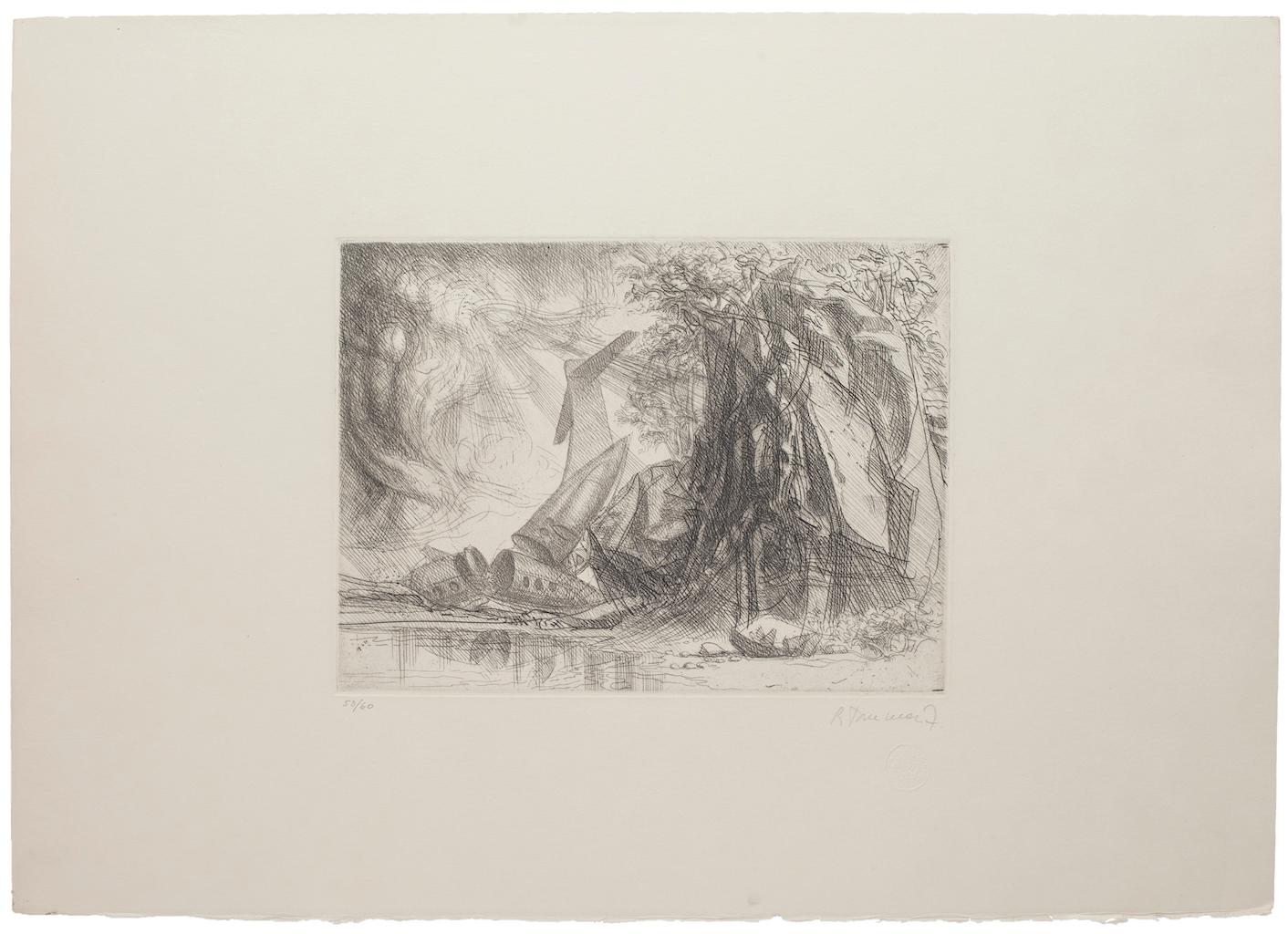 Redemption est une splendide gravure réalisée par l'artiste italien Riccardo Tommasi Ferroni (1934-2000).

Signé à la main au crayon dans la marge inférieure droite "R. Tommasi F." et numérotée au crayon et en chiffres arabes dans la marge