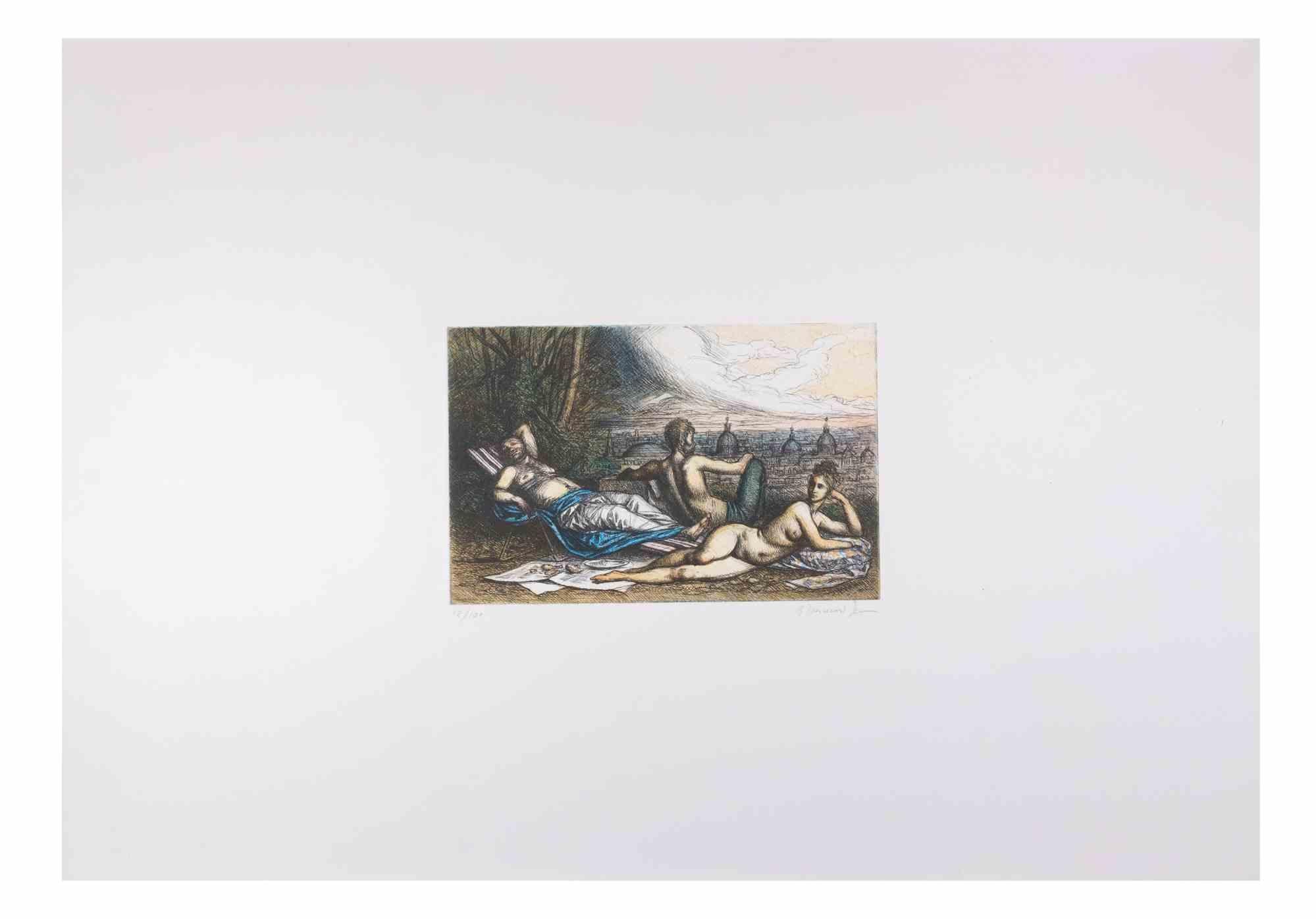 Entspannende Zeit mit Blick auf Rom - Radierung von Tommasi Ferroni - 1970er Jahre – Print von Riccardo Tommasi Ferroni