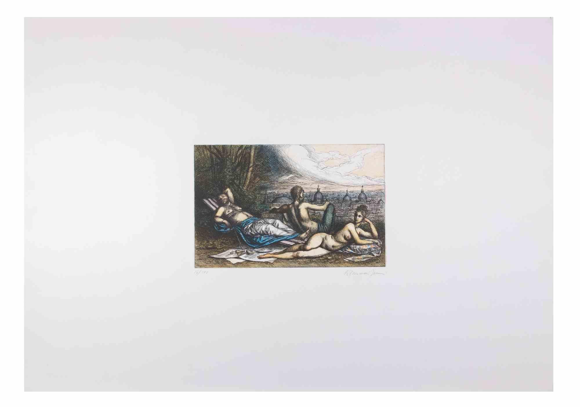 Tempo di relax con vista su Roma - Acquaforte di Tommasi Ferroni - Anni '70 - Print di Riccardo Tommasi Ferroni