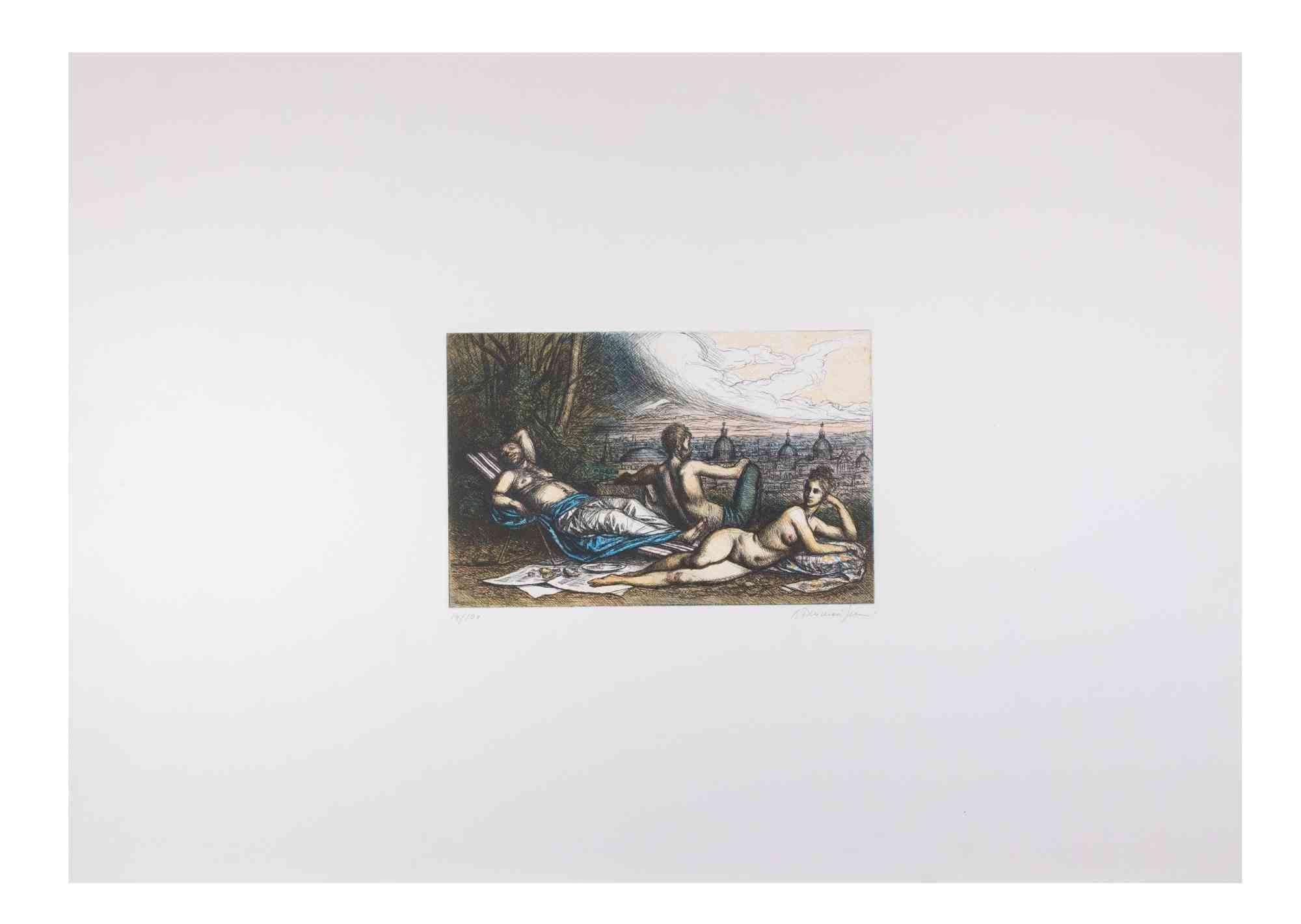 Tempo di relax con vista su Roma - Acquaforte di Tommasi Ferroni - Anni '70 - Print di Riccardo Tommasi Ferroni