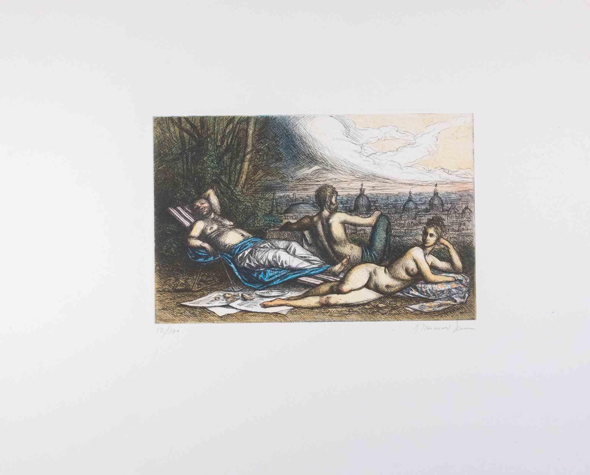 Tempo di relax con vista su Roma - Acquaforte di Tommasi Ferroni - Anni '70