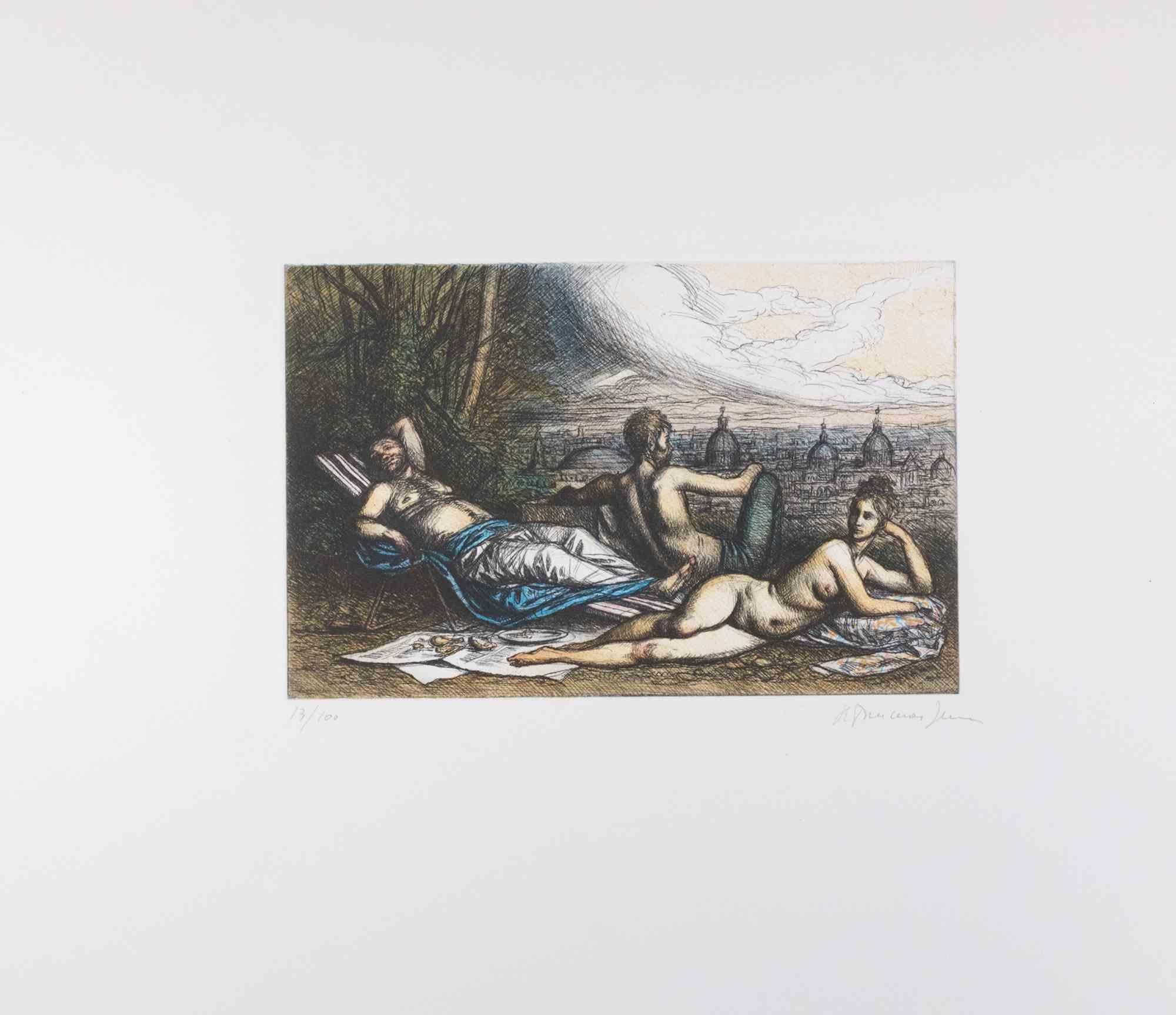 Tempo di relax con vista su Roma - Acquaforte di Tommasi Ferroni - Anni '70