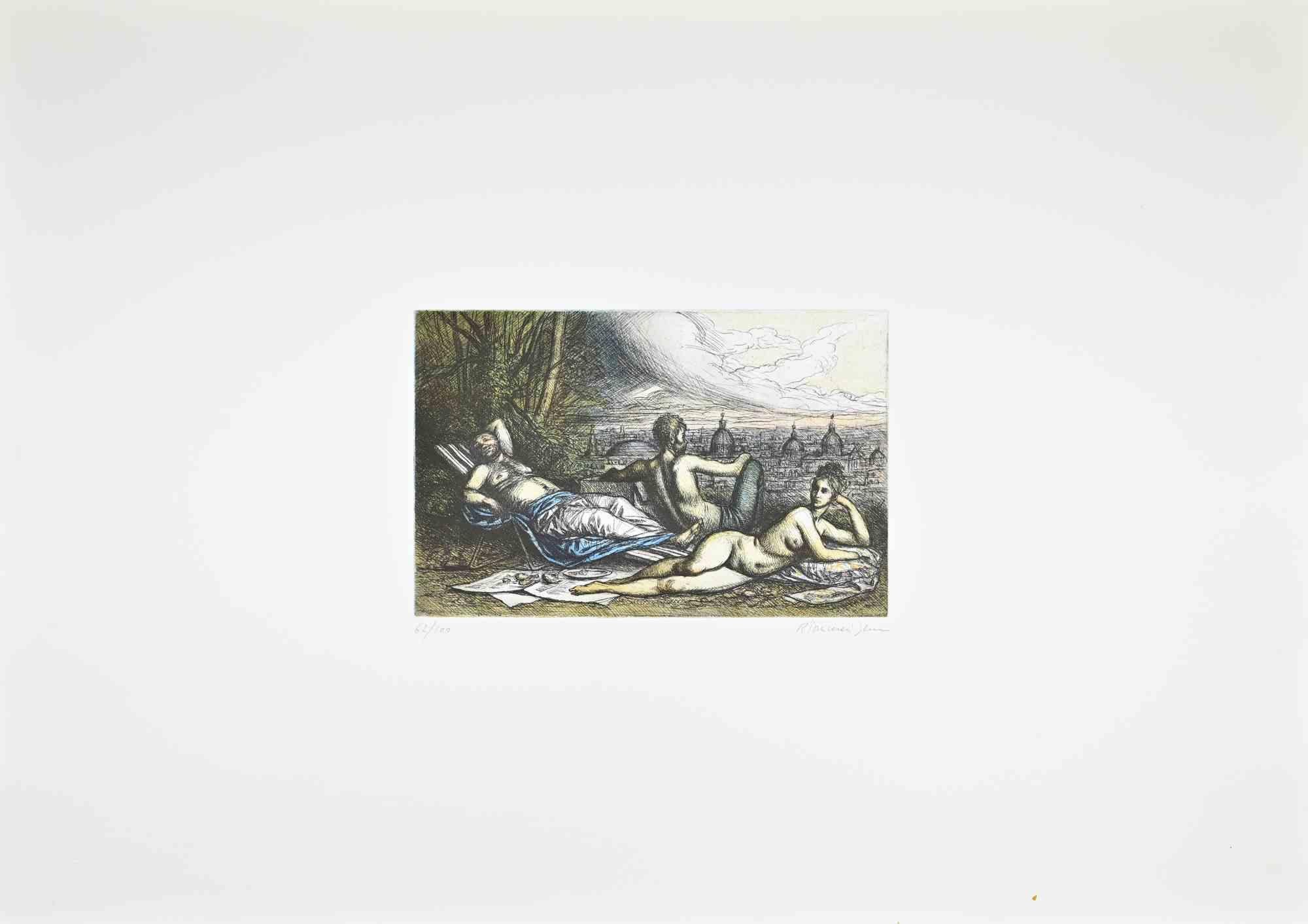 Relaxing Time with View of Rome - Etching by Tommasi Ferroni - 1970s