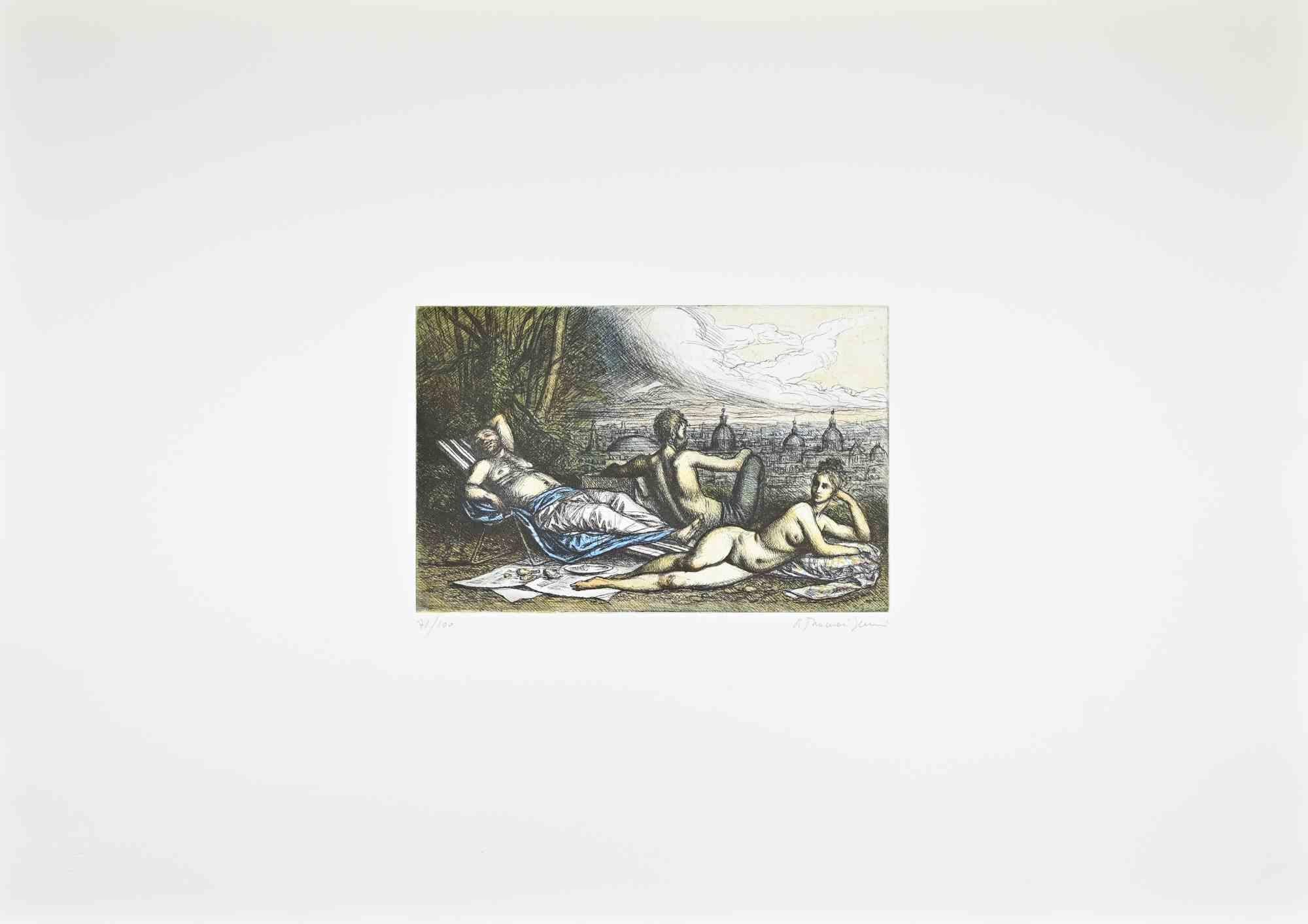 Riccardo Tommasi Ferroni Figurative Print - Relaxing time with View of Rome - Etching by Tommasi Ferroni - 1970s