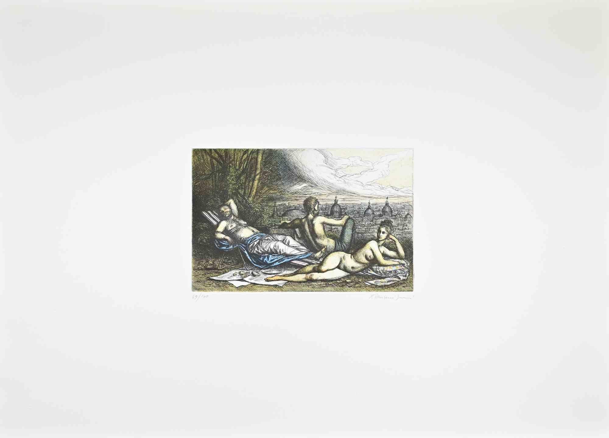 Relaxing time with View of Rome - Etching by Tommasi Ferroni - 1970s