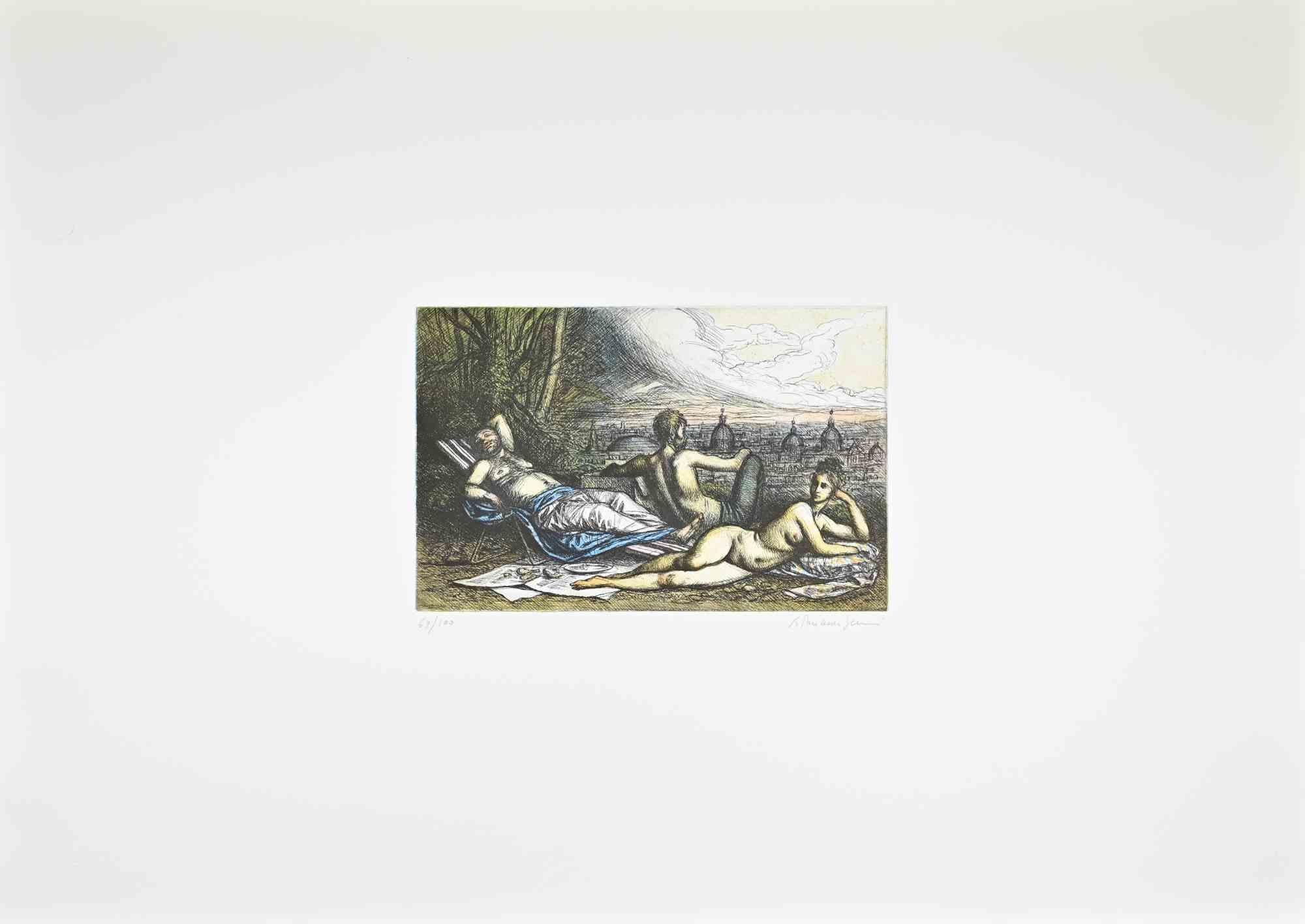 Relaxing Time with View of Rome - Etching by Tommasi Ferroni - 1970s