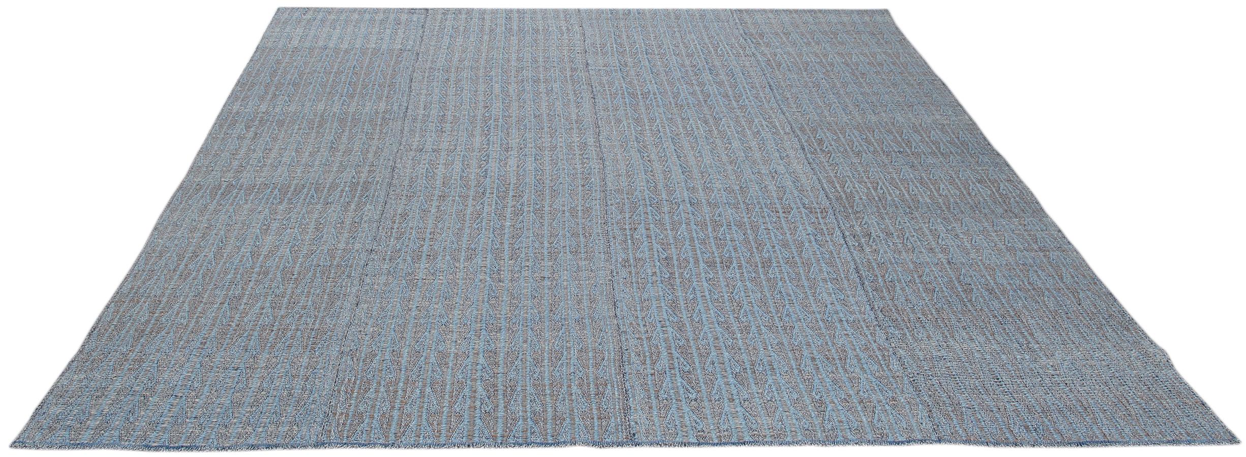 Turkish Ricci Handwoven Flat-Weave Tribal Blue Rug For Sale