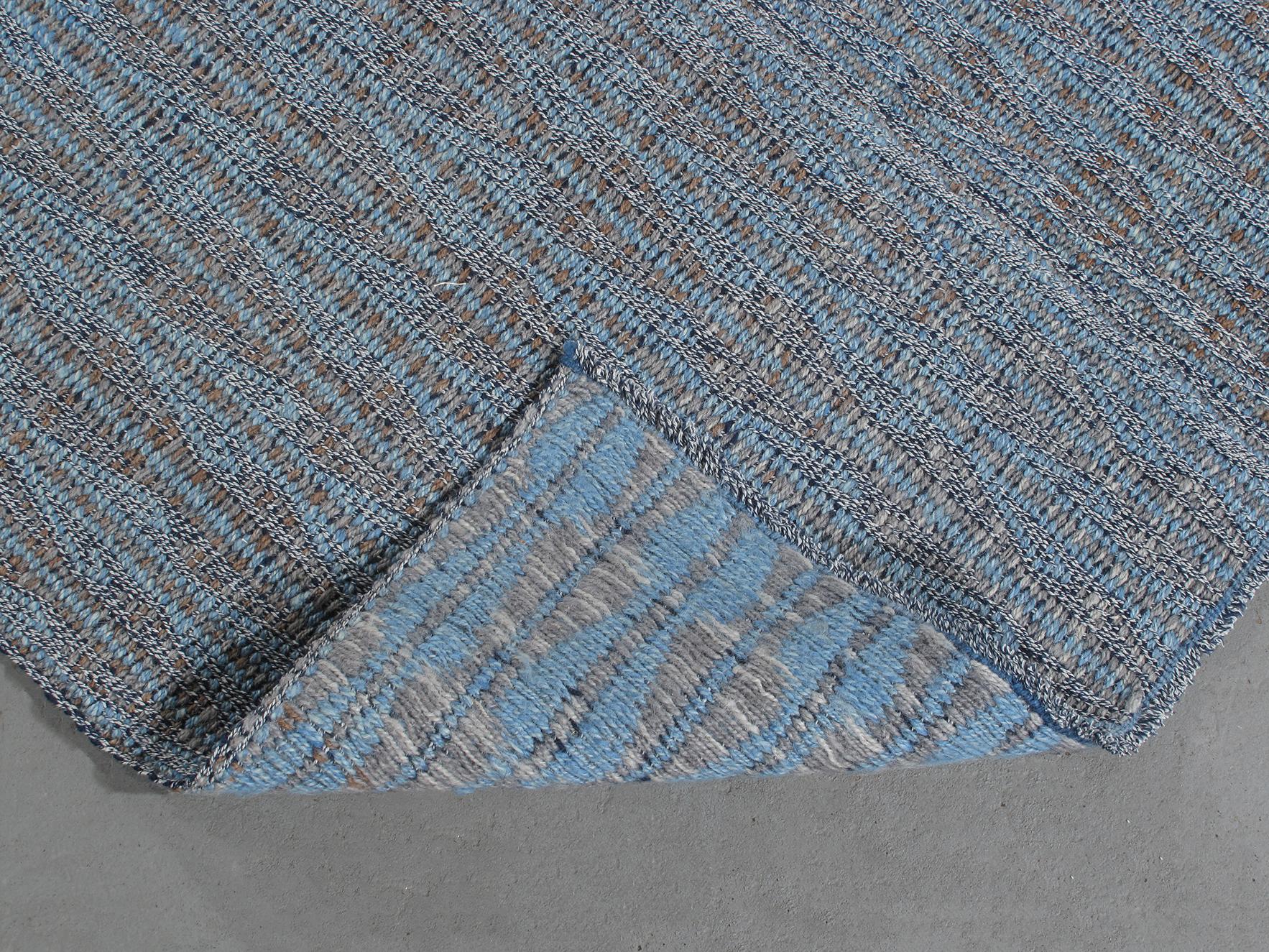 Contemporary Ricci Handwoven Flat-Weave Tribal Blue Rug For Sale