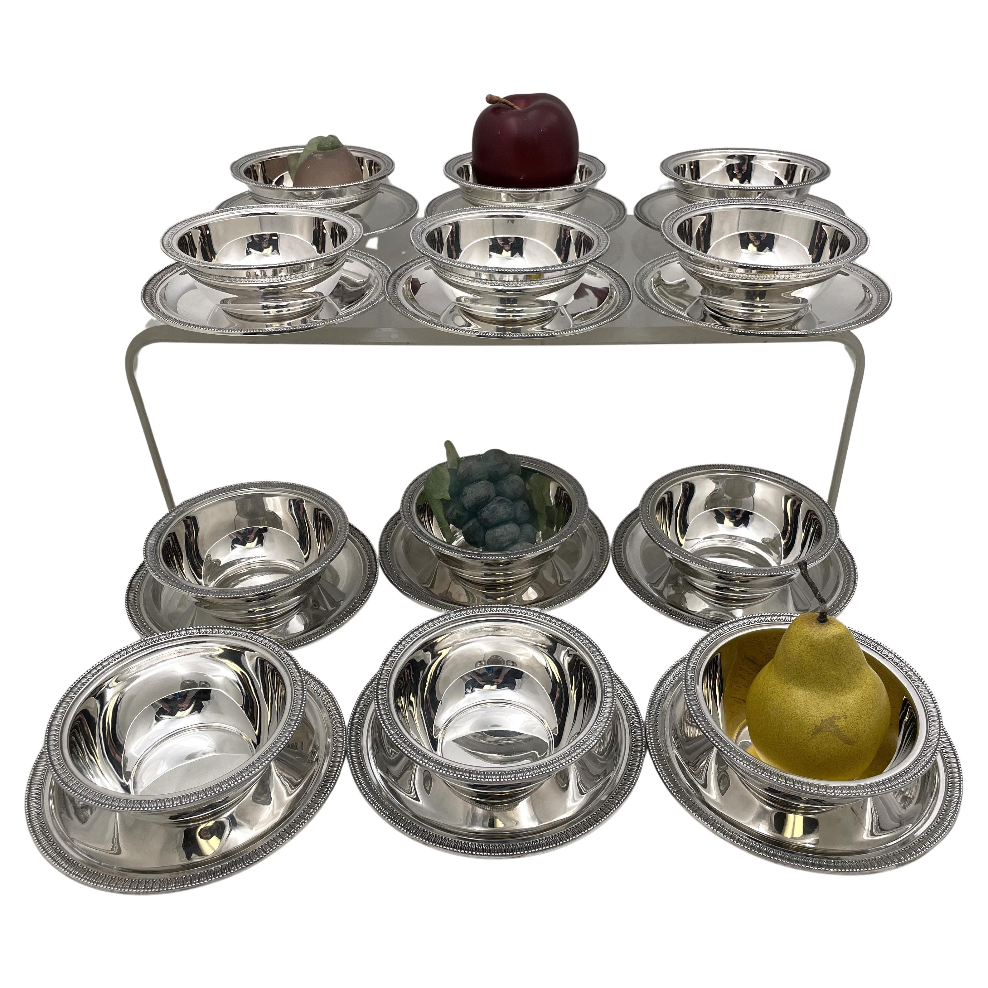 Italienisches Silber-Set aus 24 Dessert-Kompottschalen und Untertellern aus Silber von Ricci im Angebot