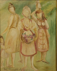 Retro Modern French Impressionist Female Three Farm Girls Painting