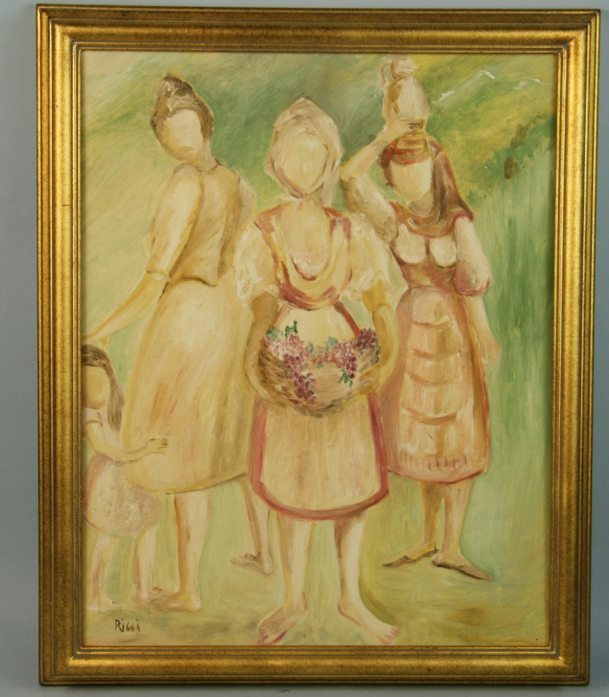 3895 Three farm girls acrylic on board in a gilt frame
