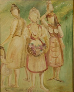 Vintage French  Impressionist  "The  Three  Graces Farm Girls " Painting