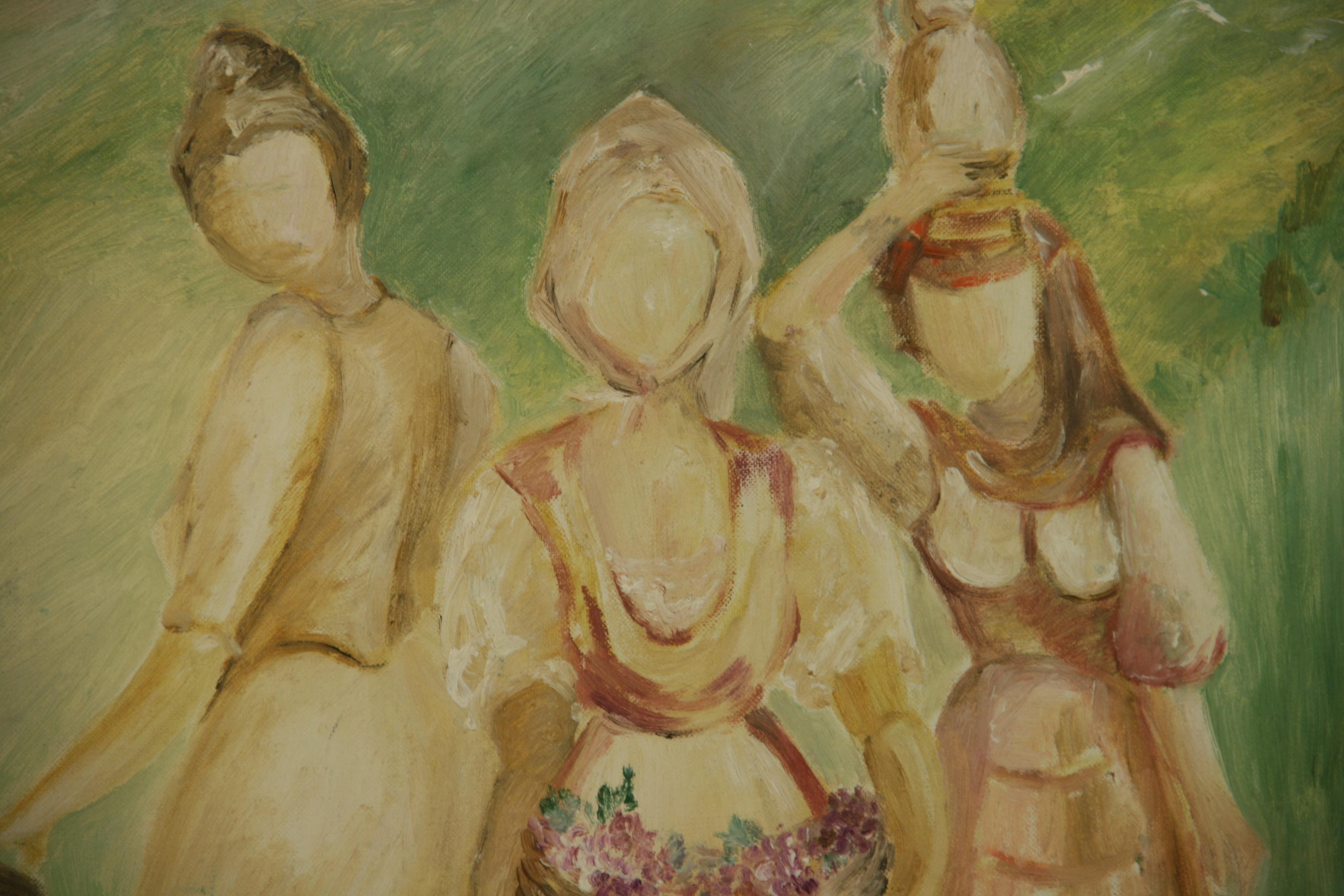 3895 Three farm girls oil wash on board in a gilt frame