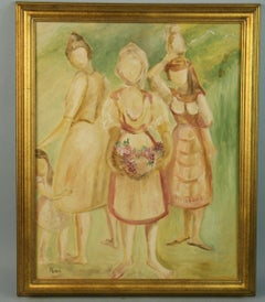Vintage French  Impressionist  "The  Three  Graces Farm Girls " Painting