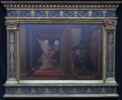 Antique The Annunciation - Italian Victorian Pre-Raphaelite oil painting religious art