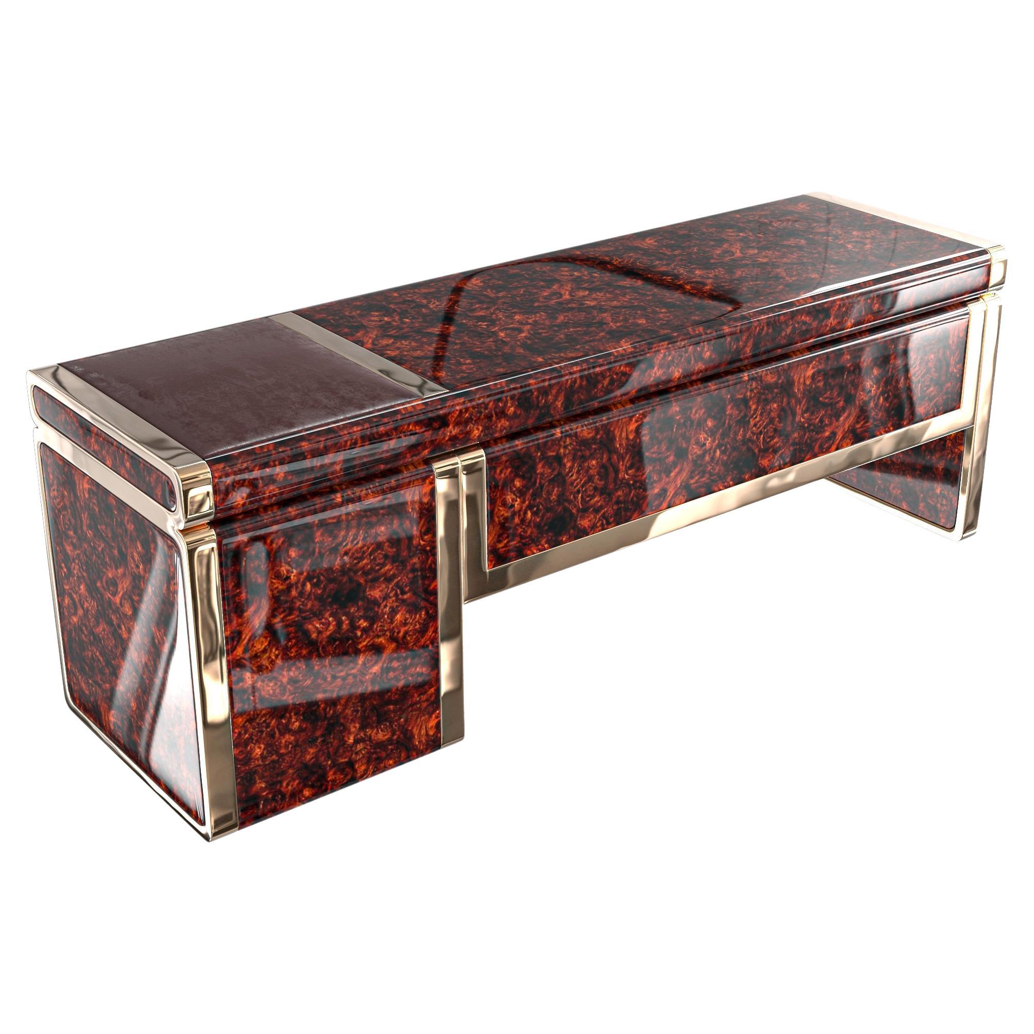 "Riccio / E" Hand Crafted Desk with Burl Walnut and Bronze Details, Istanbul For Sale