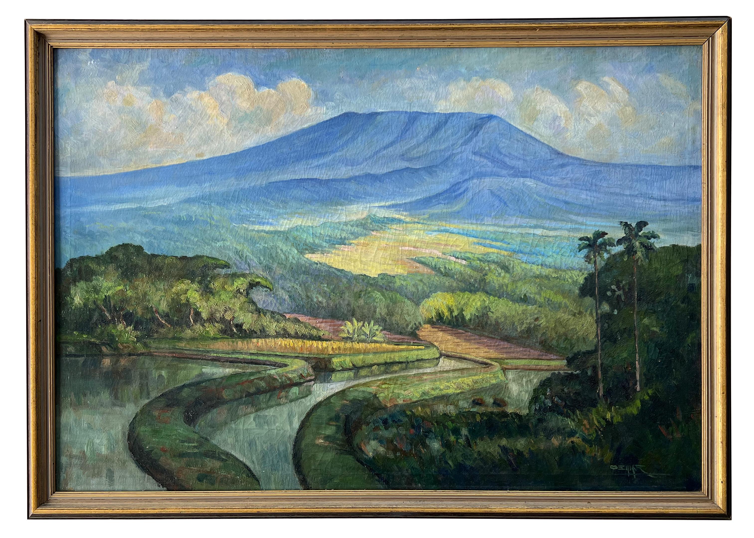 This atmospheric oil painting on canvas depicts rice fields on Bali with Mount Batur in the distance. Signed DEWAR in the lower right  and presented in the original gilded frame. This painting was created by a local artist on Bali for the tourist